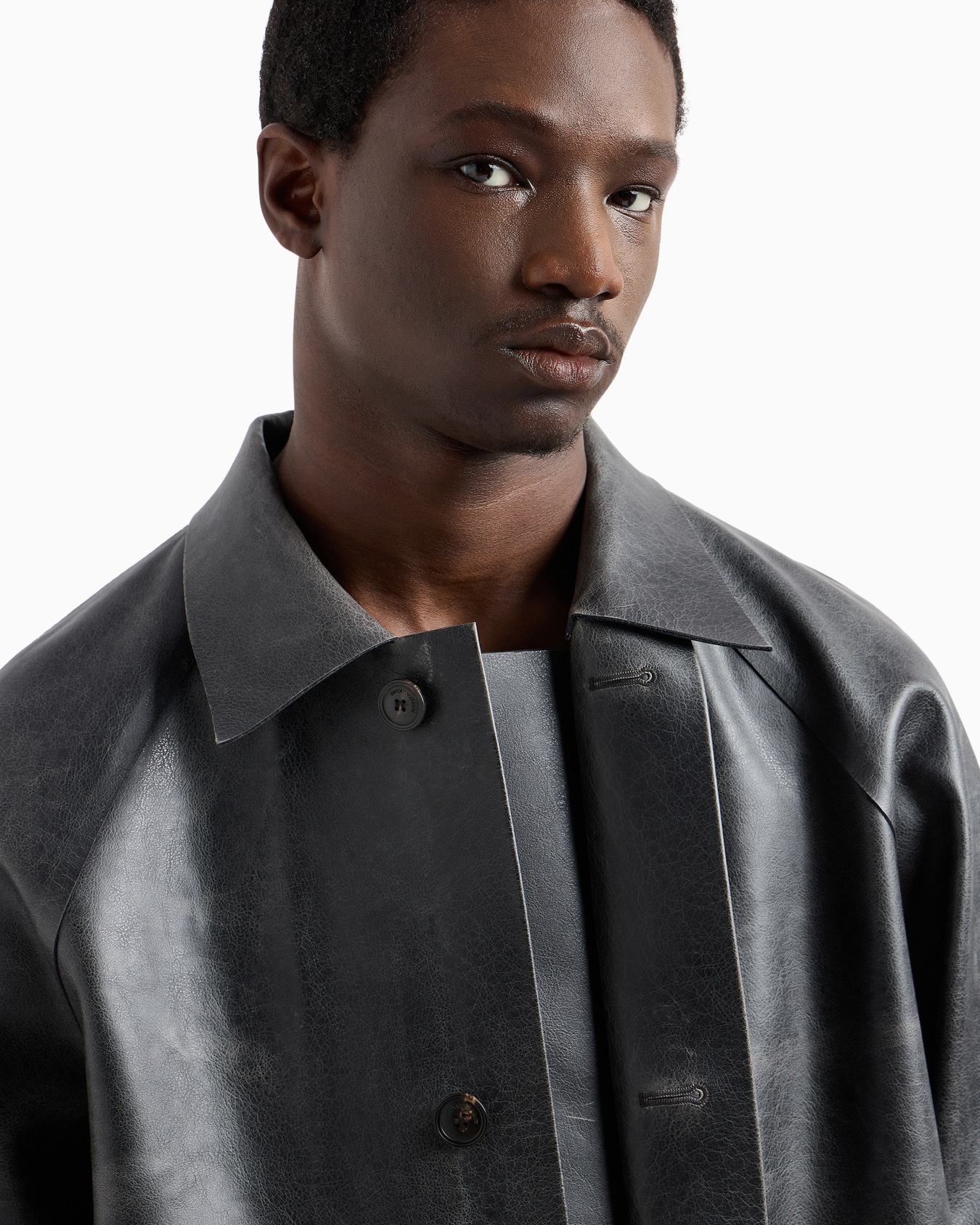 Leather-effect coated-fabric pea coat Slide 5