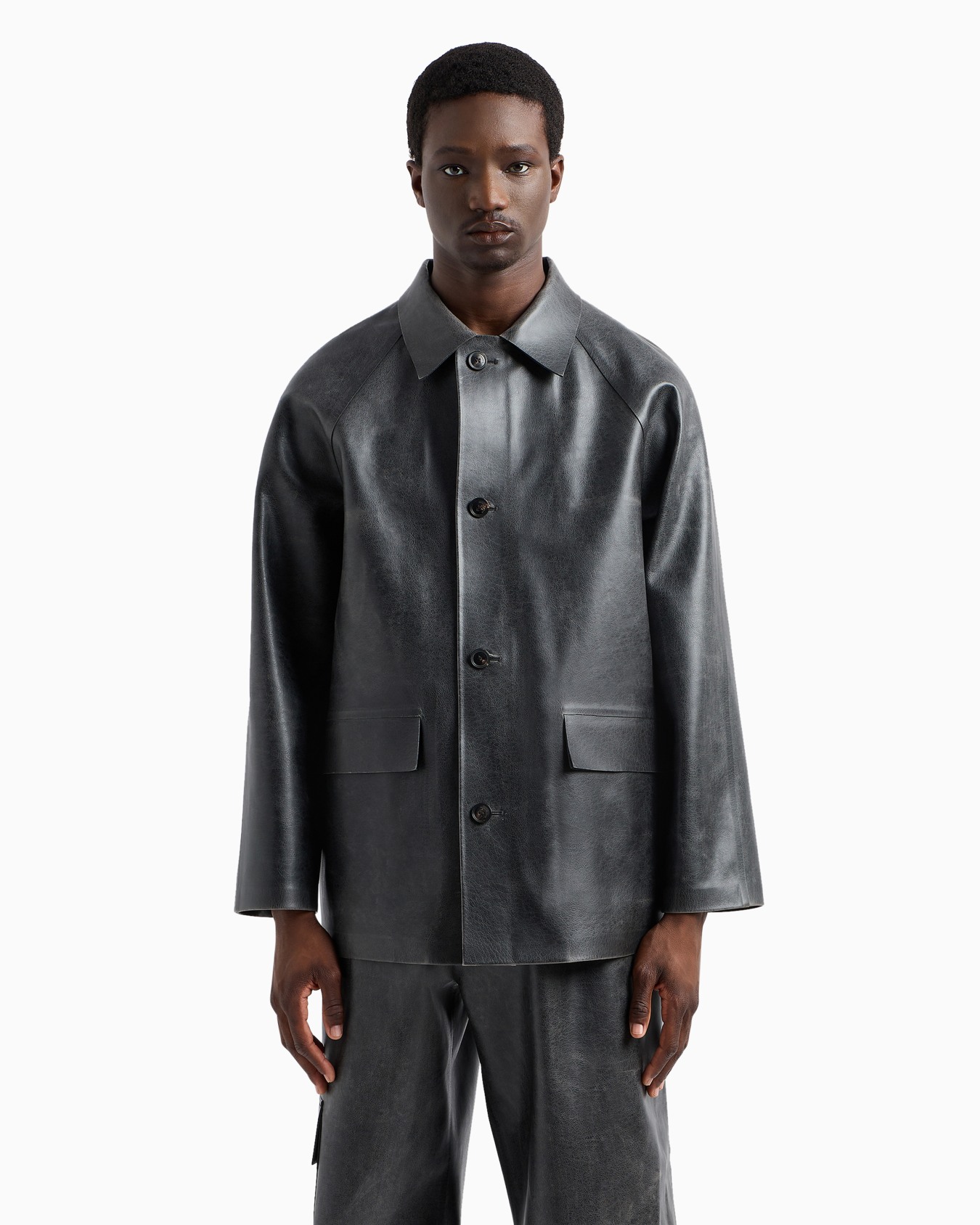 Leather-effect coated-fabric pea coat Slide 2