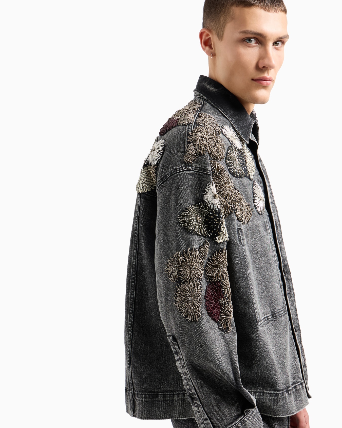Garment-treated denim jacket with metallic nautical embroidery Slide 4