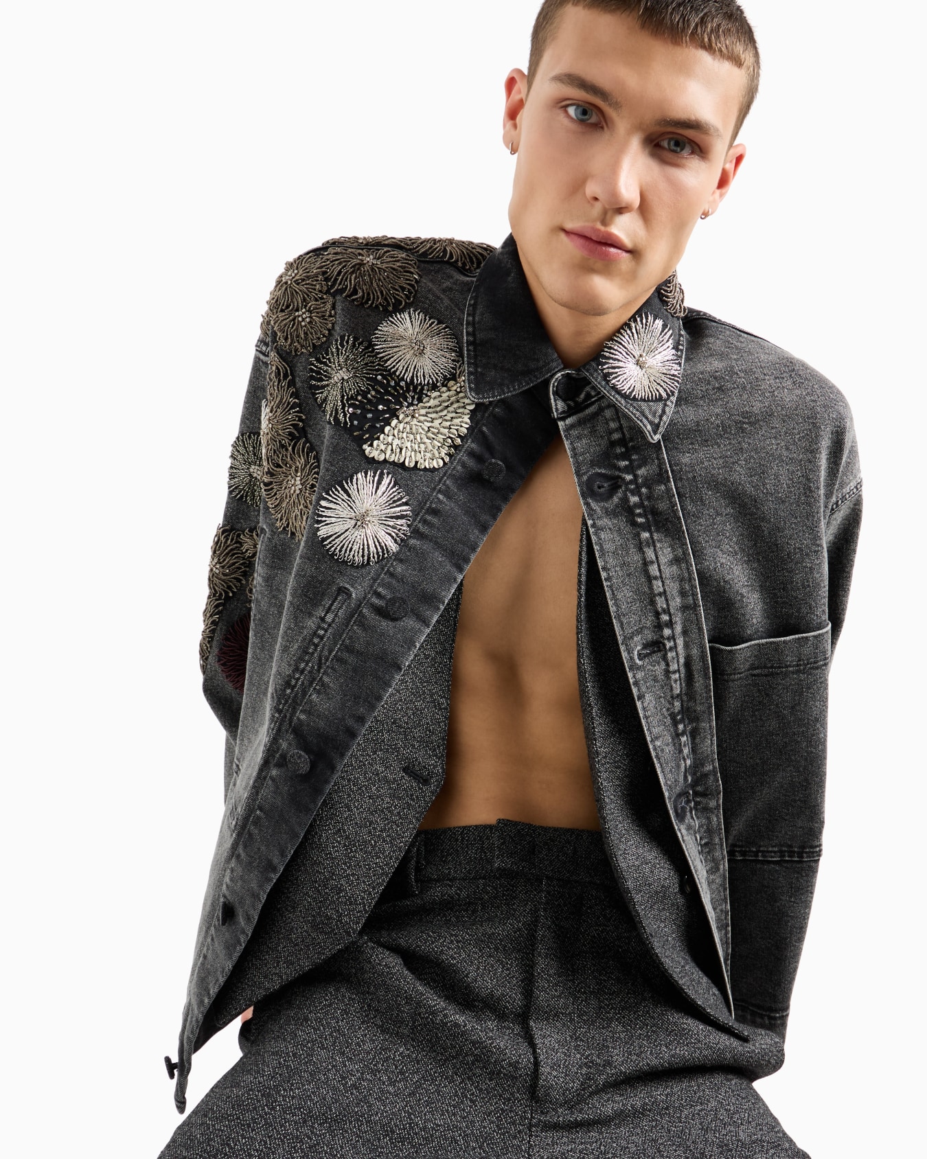 Garment-treated denim jacket with metallic nautical embroidery Slide 5