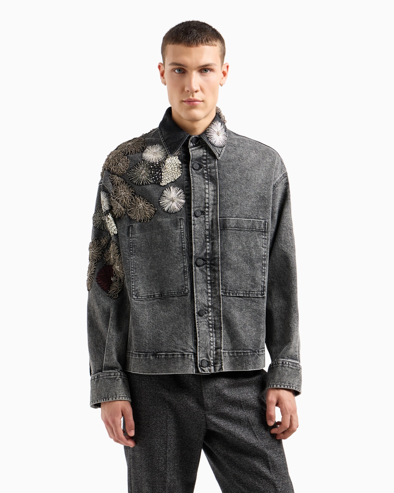 Garment-treated denim jacket with metallic nautical embroidery Slide 1