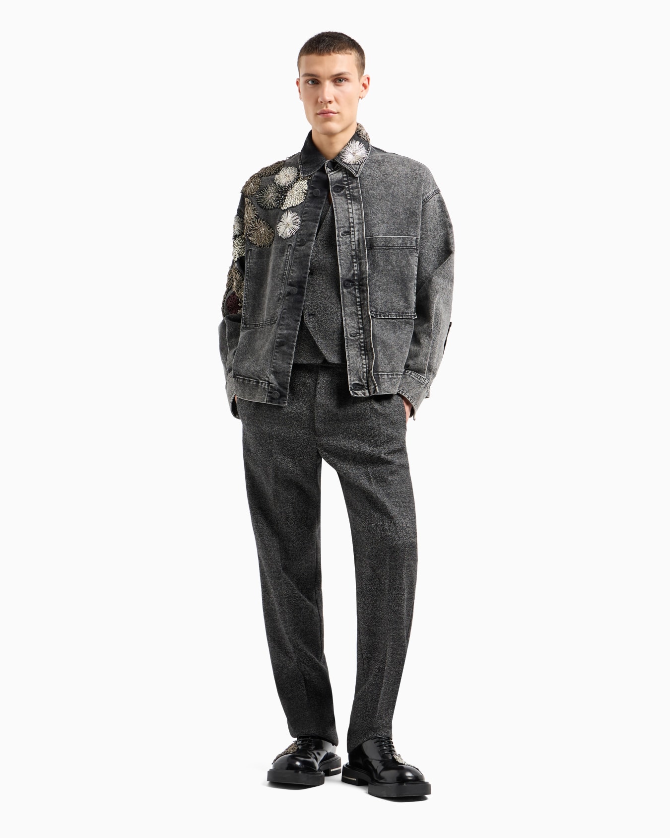 Garment-treated denim jacket with metallic nautical embroidery Slide 3