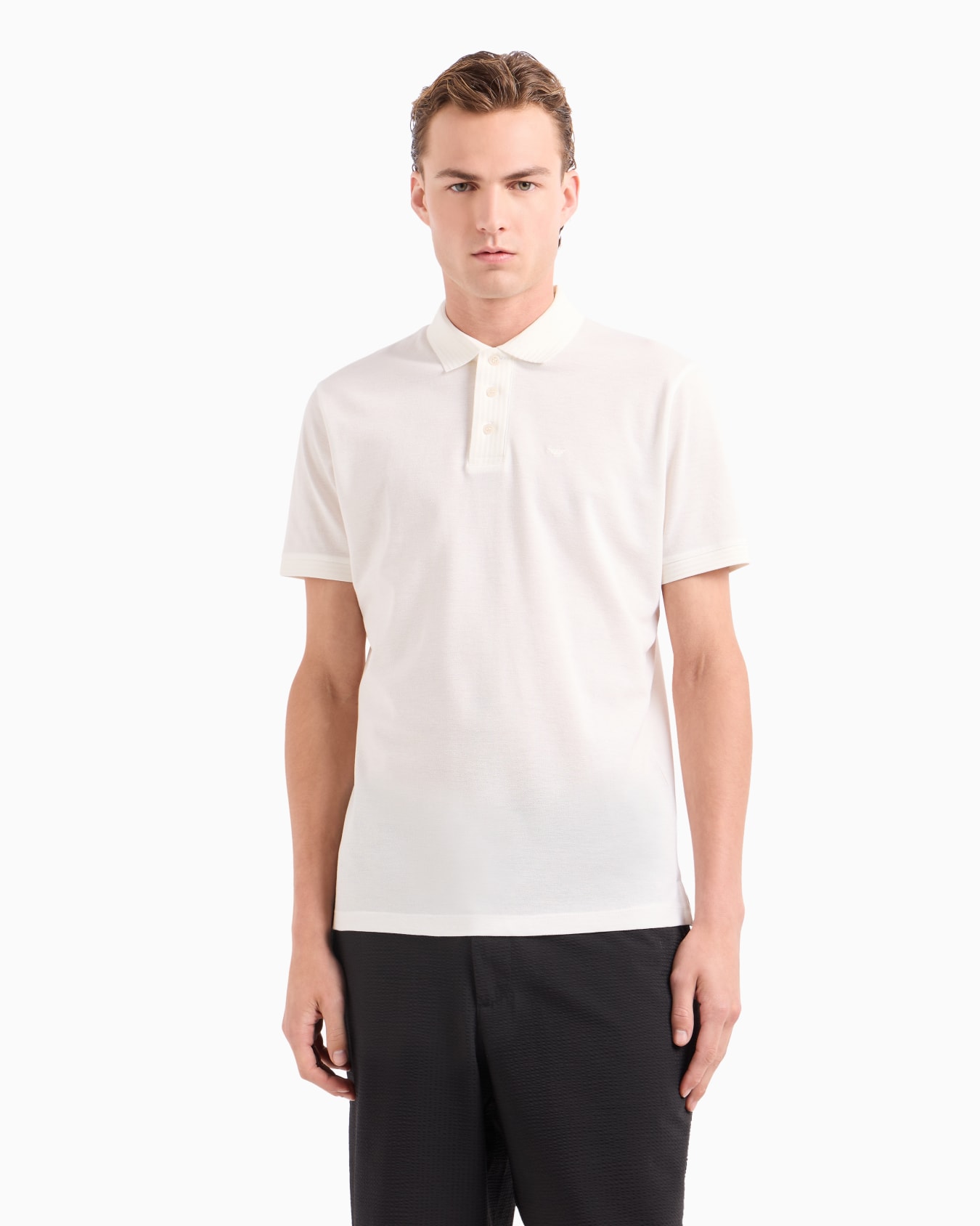 Mercerised piqué polo shirt with ribbed details Slide 1