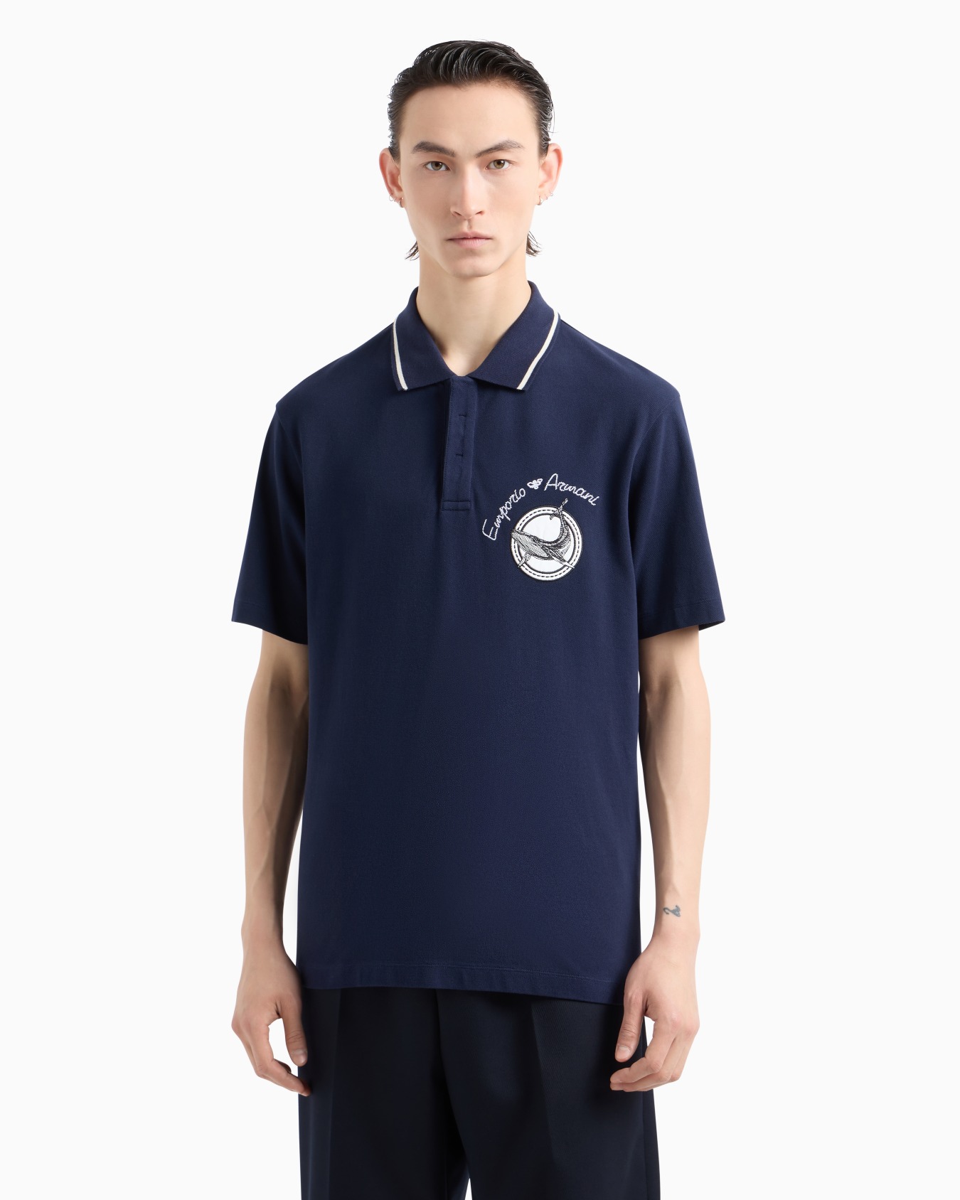 Piqué polo shirt with logo embroidery and maritime patch Slide 1