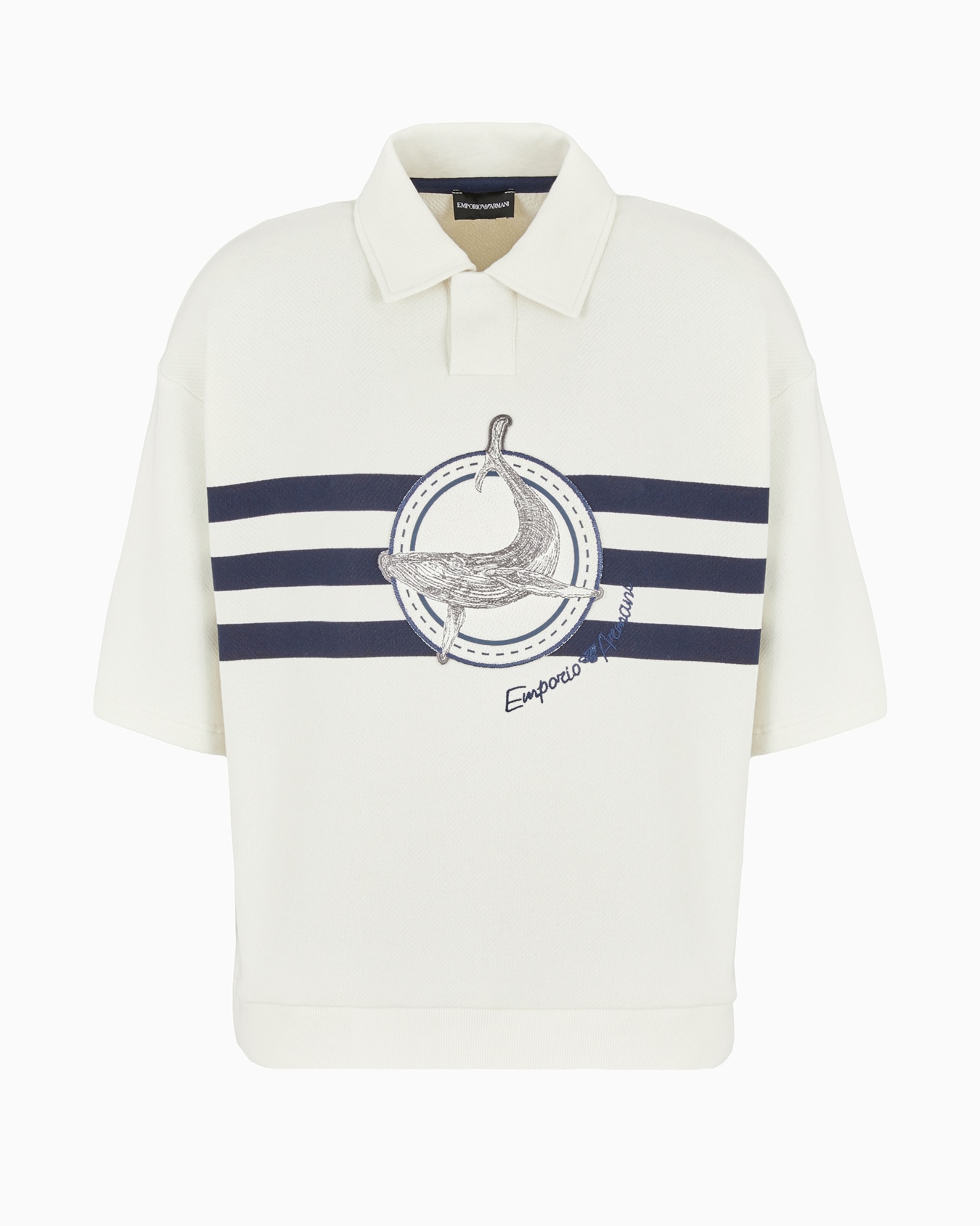 Sweat-shirt col polo à manches courtes en sergé doux avec grand écusson baleine et logo brodé Diapositive 0