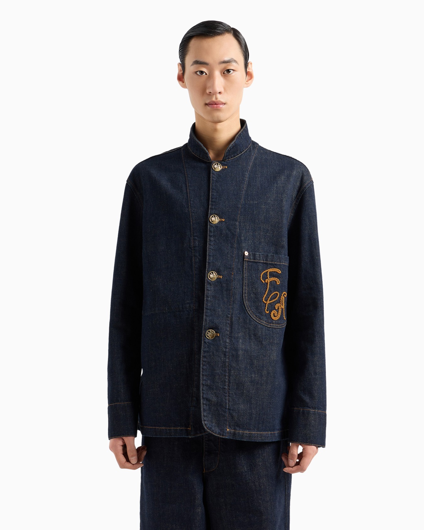 Blazer à col officier en denim craquelé avec broderie EA Diapositive 2