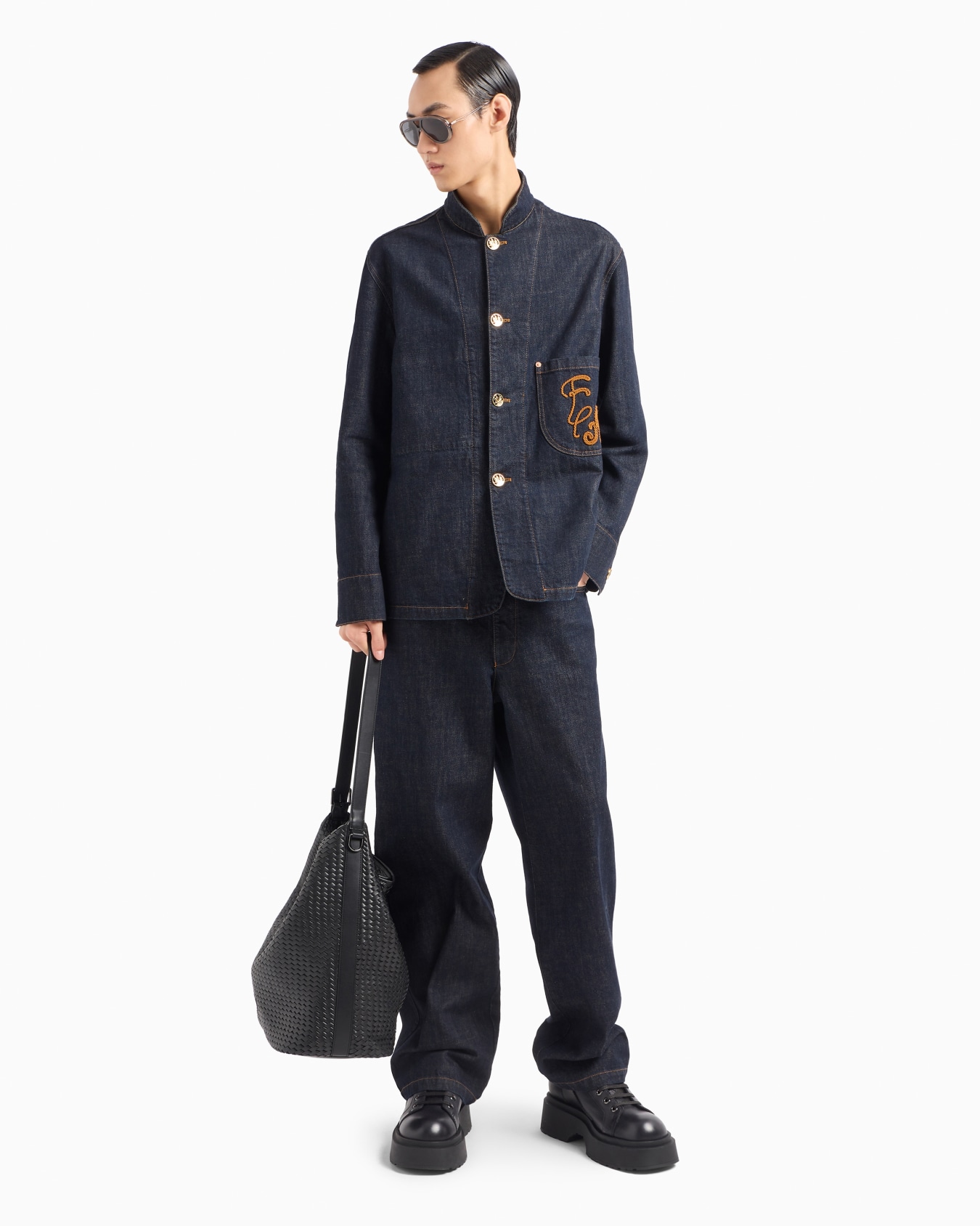 Blazer à col officier en denim craquelé avec broderie EA Diapositive 4