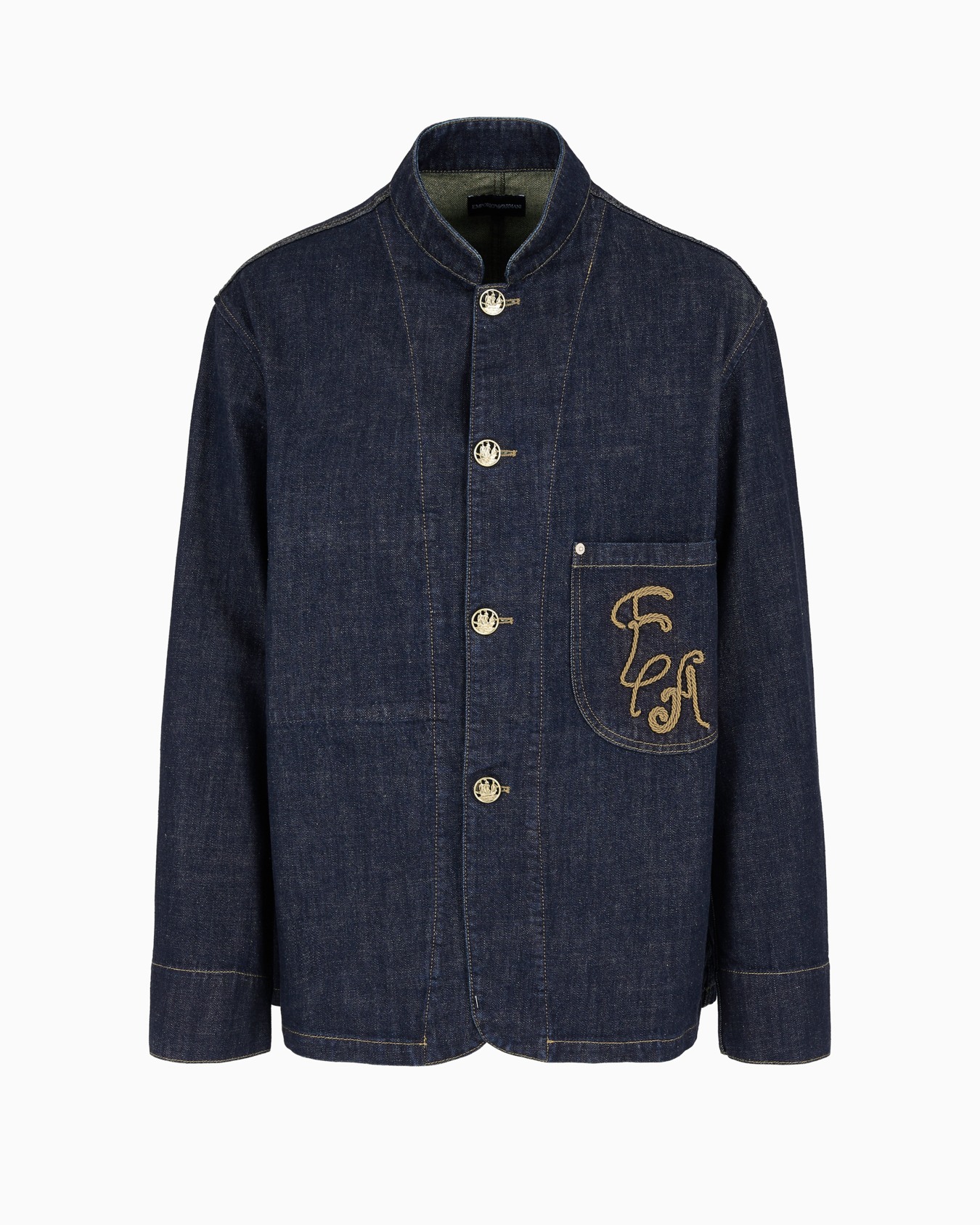 Blazer à col officier en denim craquelé avec broderie EA Diapositive 0