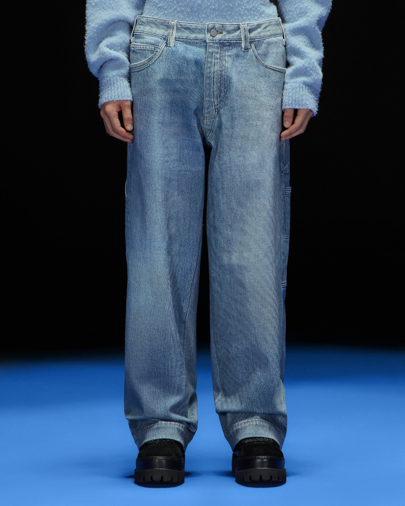 ASV Black Blue capsule collection stretch twill cotton bull jeans with trompe l'oeil print Slide 2
