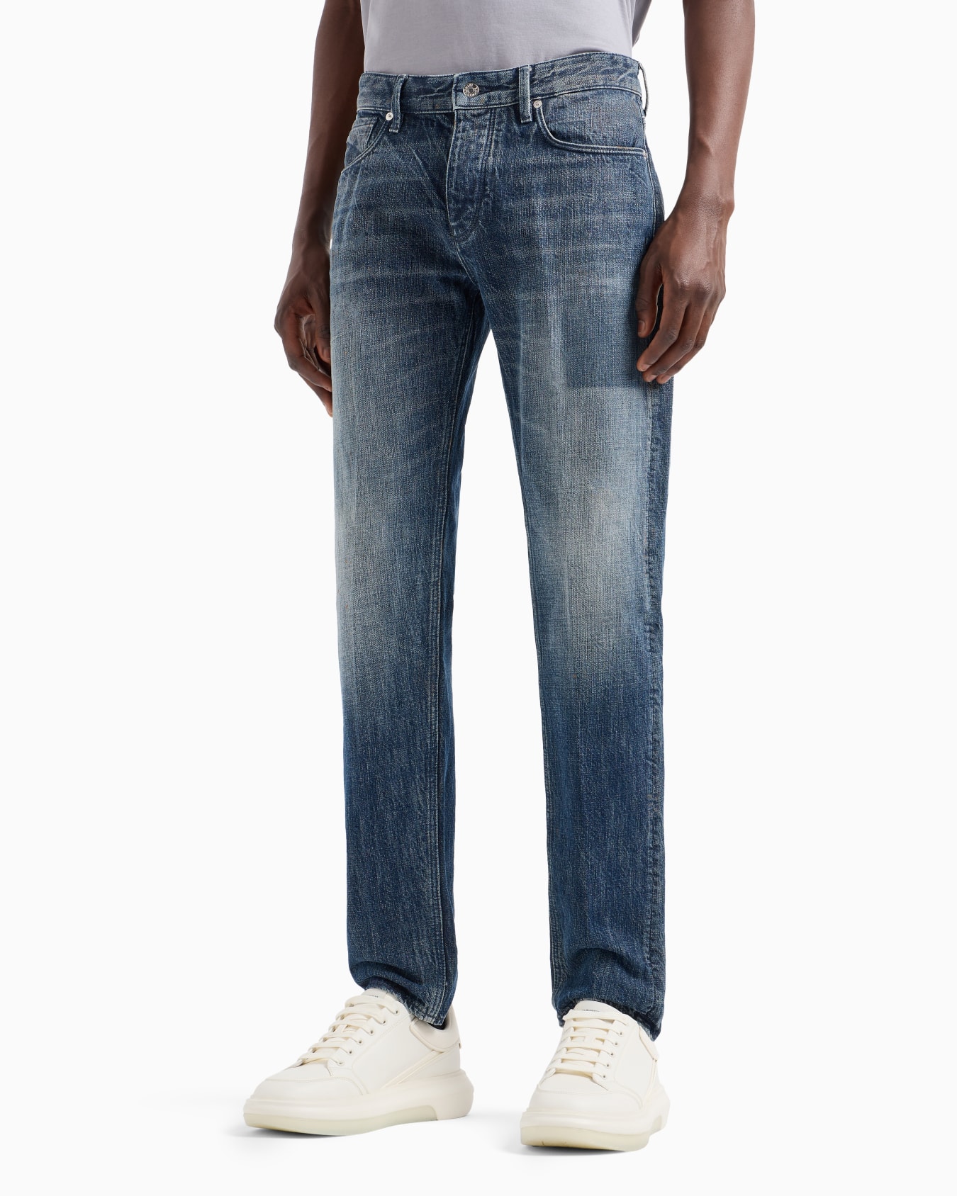 Jean coupe slim J75 en denim stretch cross lavé à la pierre avec franges Diapositive 1