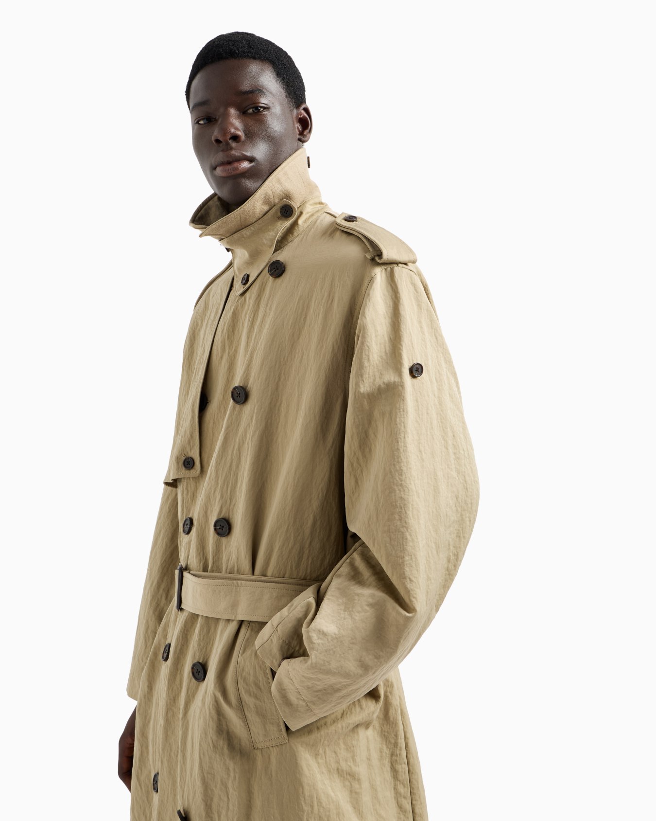 Double-breasted trench coat with belt in technical twill Slide 5