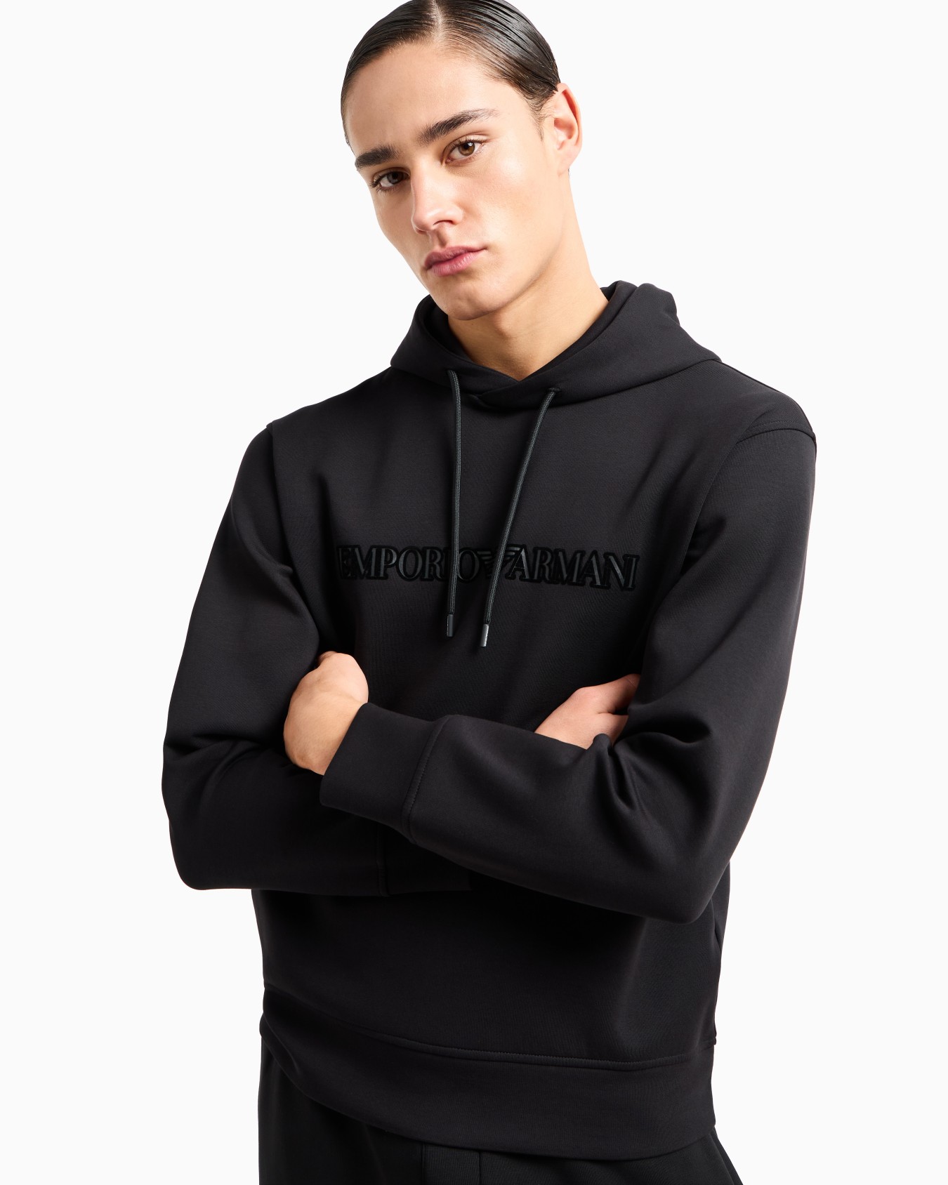 Double-jersey hooded sweatshirt with flocked logo Slide 5