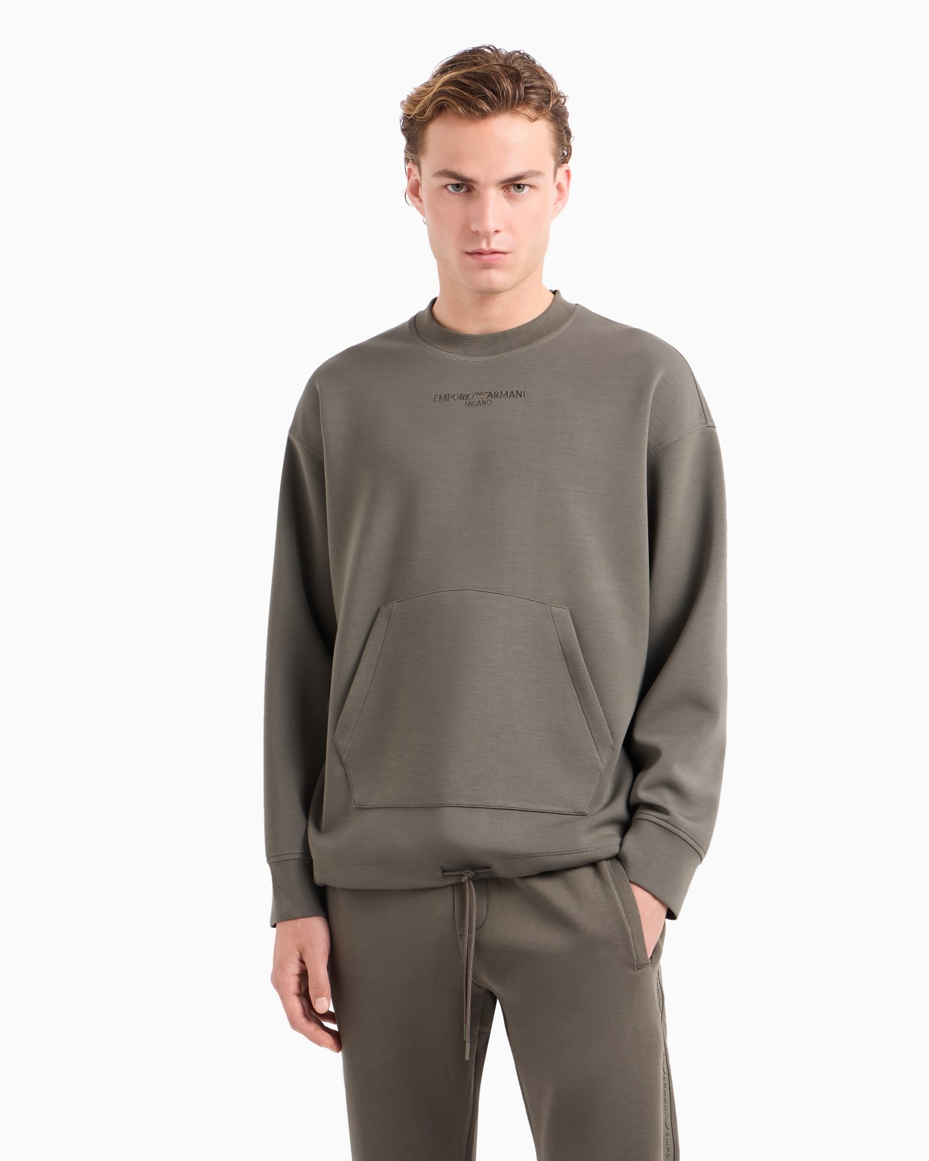 Modal-blend jersey sweatshirt with logo embroidery and a pouch pocket Slide 1