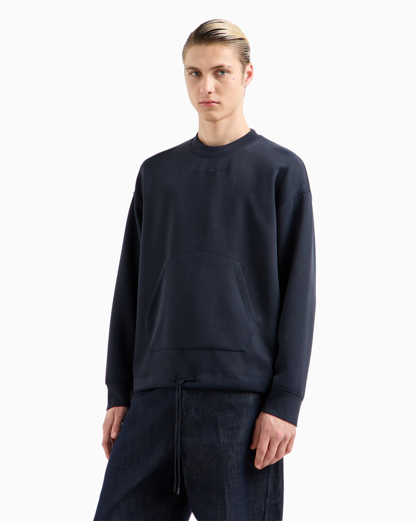 Modal-blend jersey sweatshirt with logo embroidery and a pouch pocket Slide 1