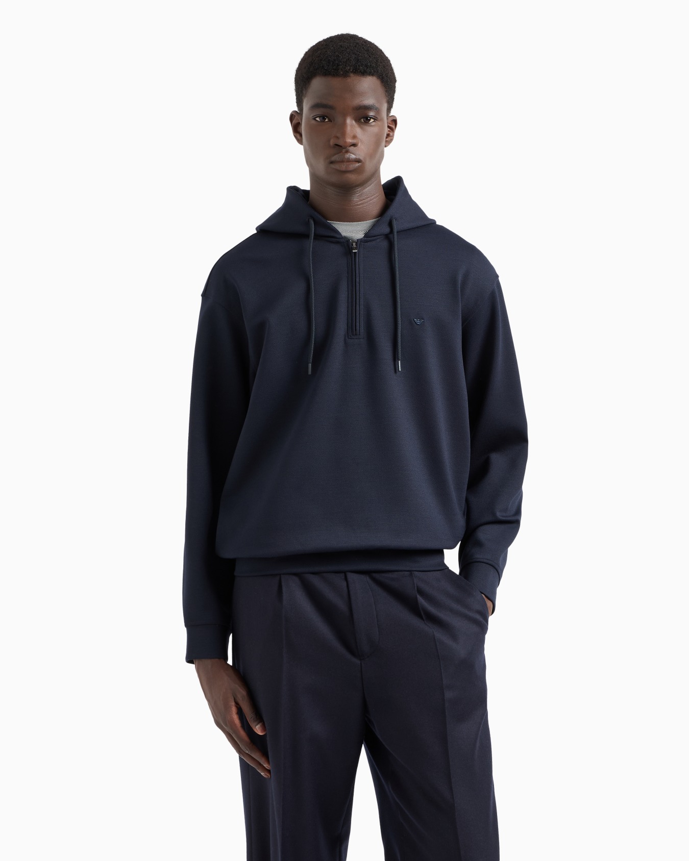 Hooded sweatshirt with partial zip, in a wool-blend jersey Slide 1