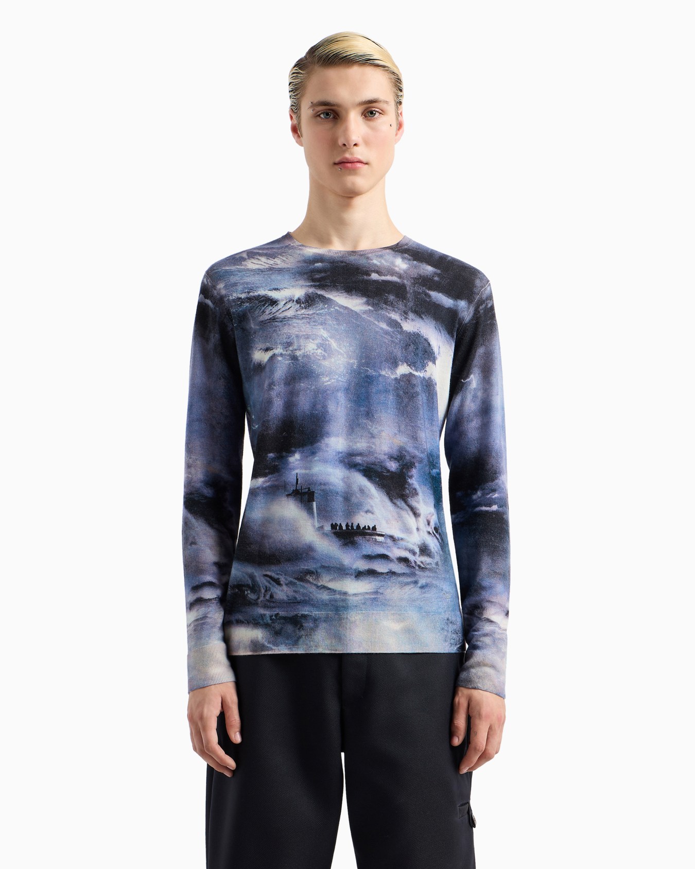 Plain-knit virgin wool jumper with maritime print Slide 2
