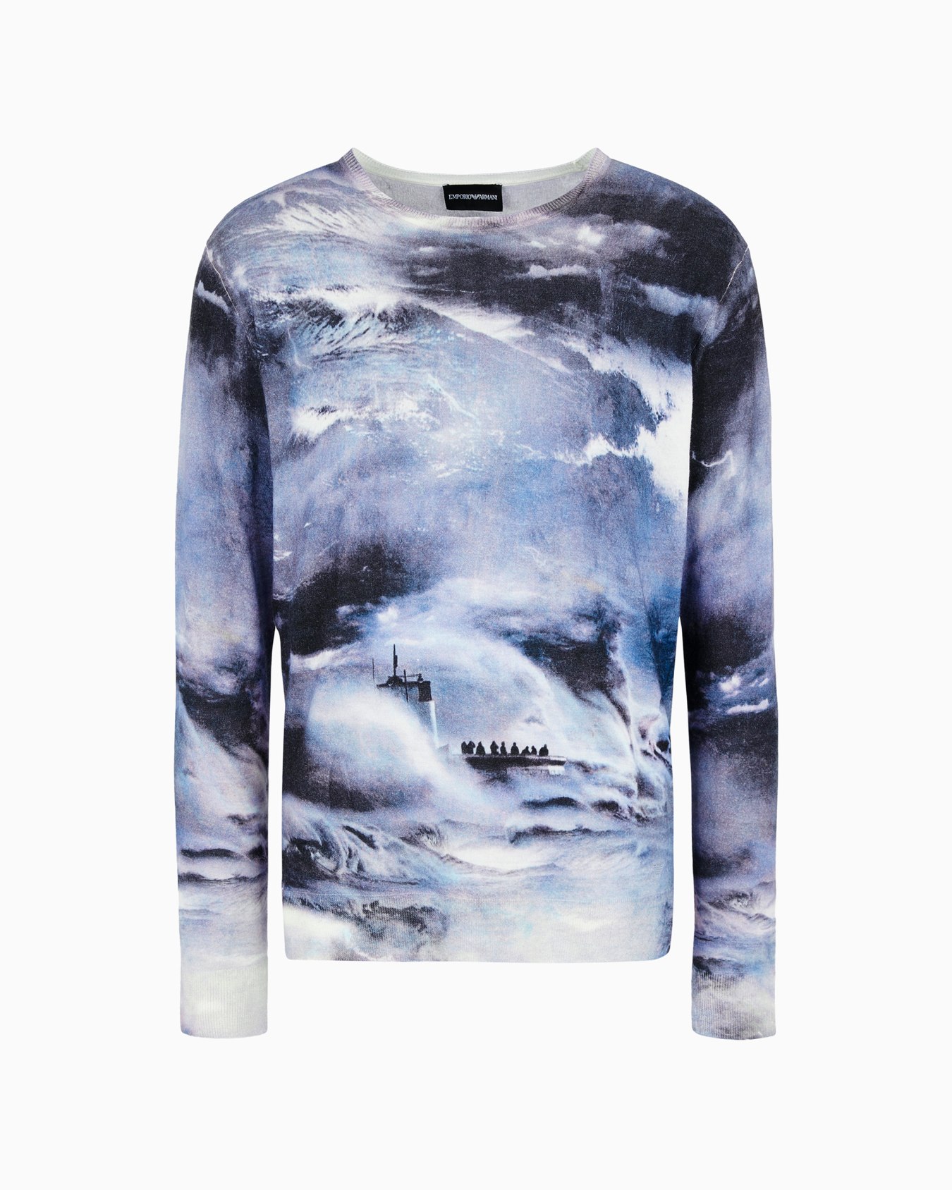 Plain-knit virgin wool jumper with maritime print Slide 0