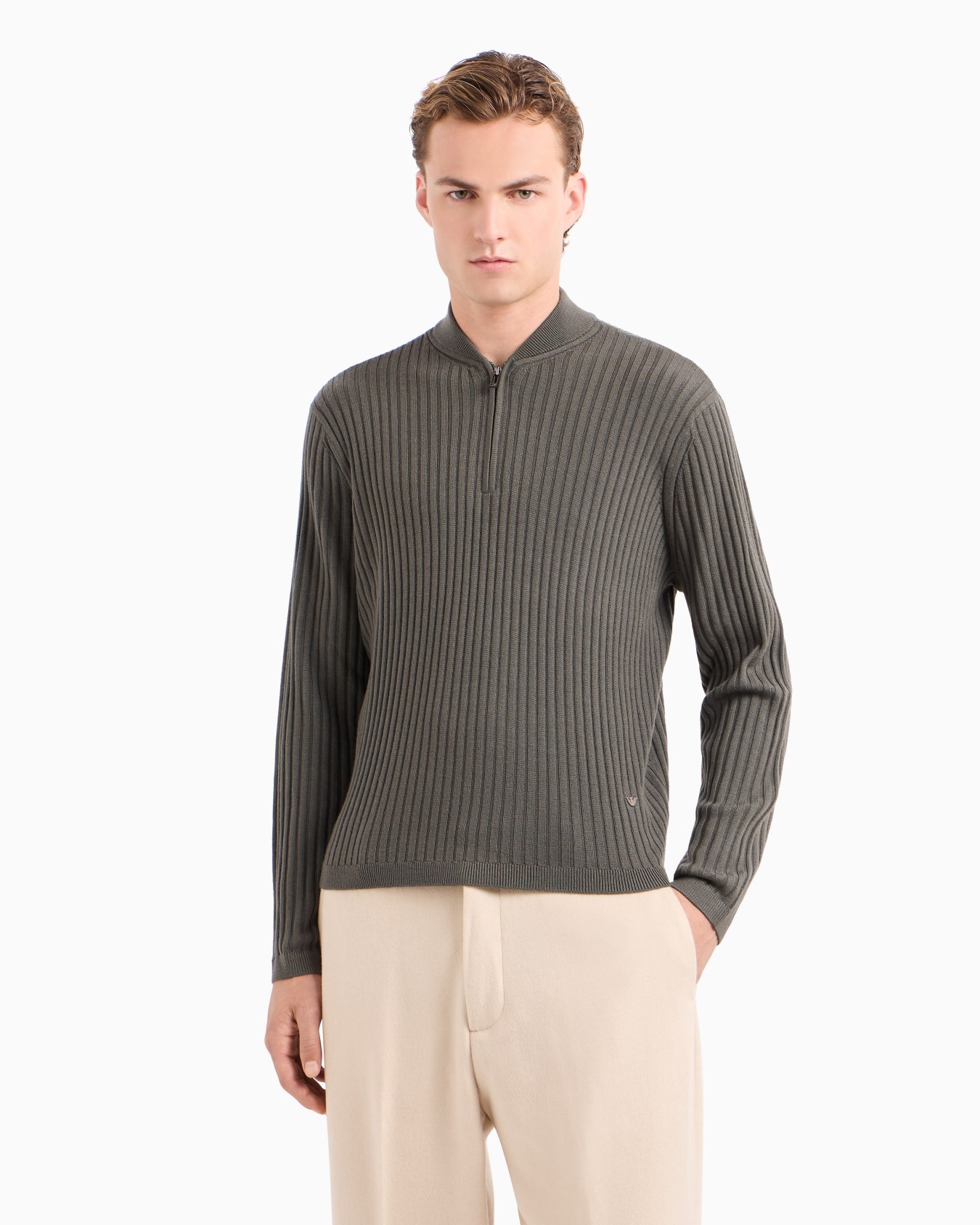 Virgin-wool ribbed jumper with half zip Slide 1