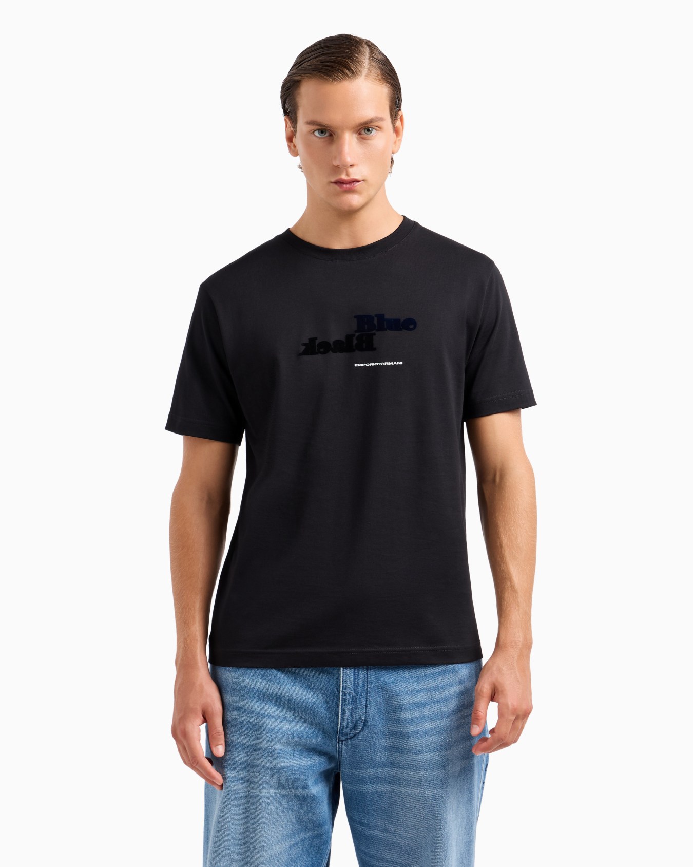 ASV Black Blue capsule collection organic-jersey T-shirt with flocked print Slide 1