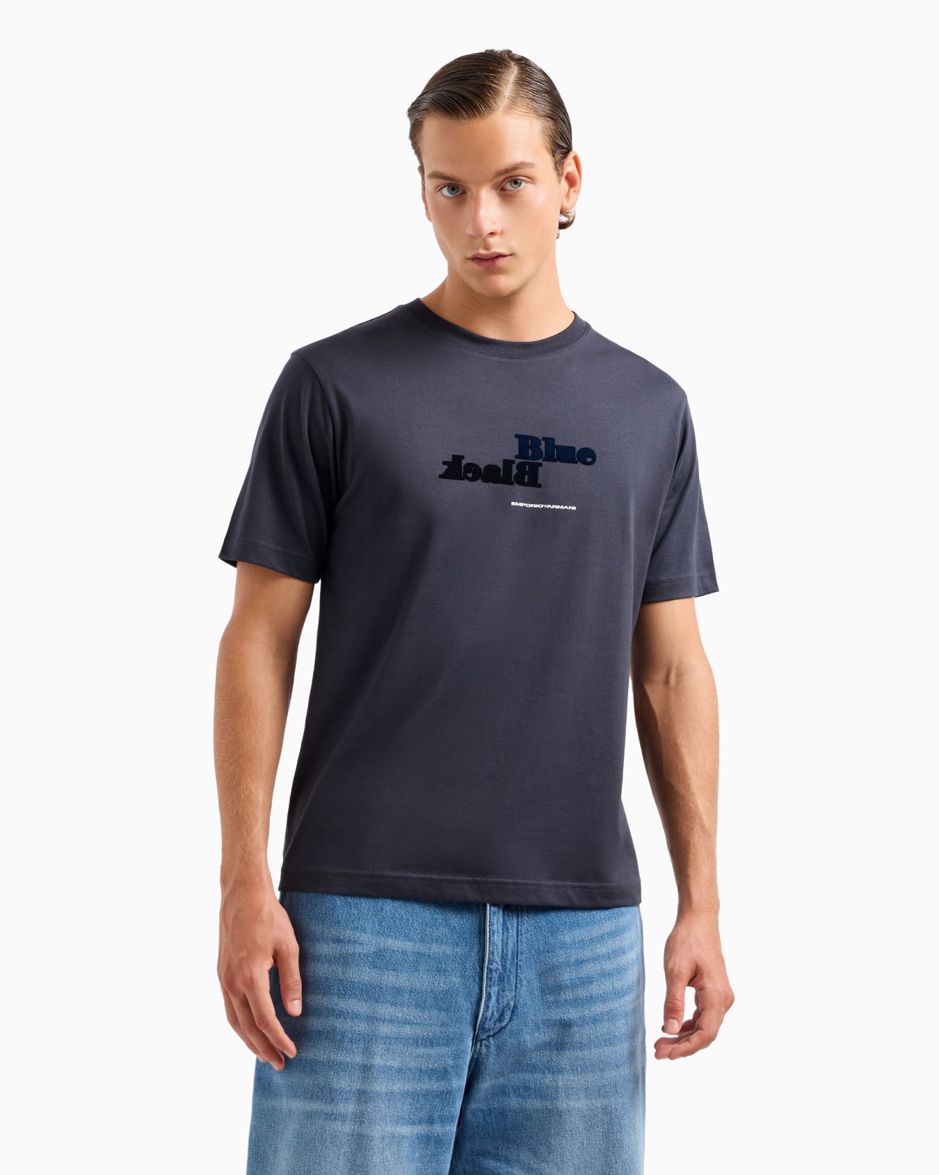 ASV Black Blue capsule collection organic-jersey T-shirt with flocked print Slide 1