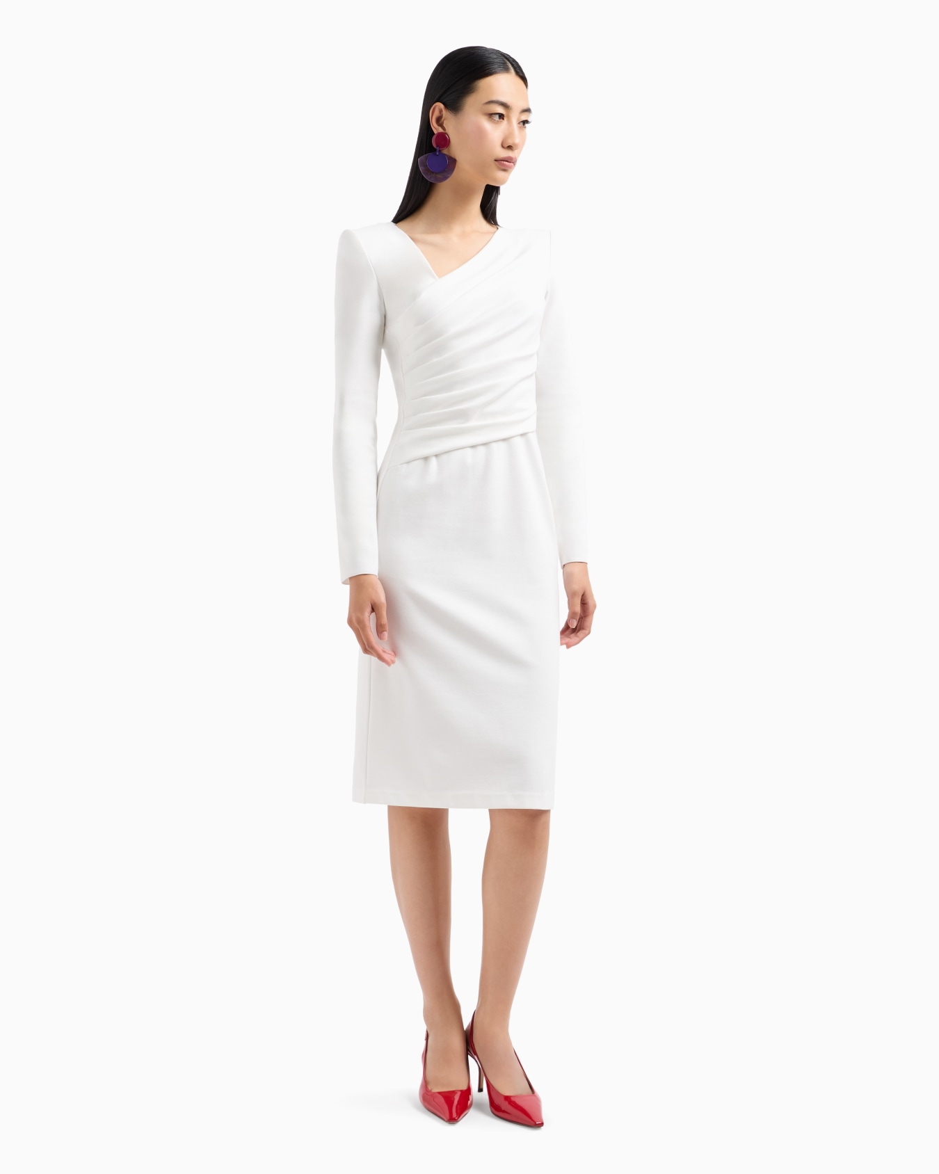 Stretch Milano stitch fabric dress with asymmetric cross-over and draping Slide 1