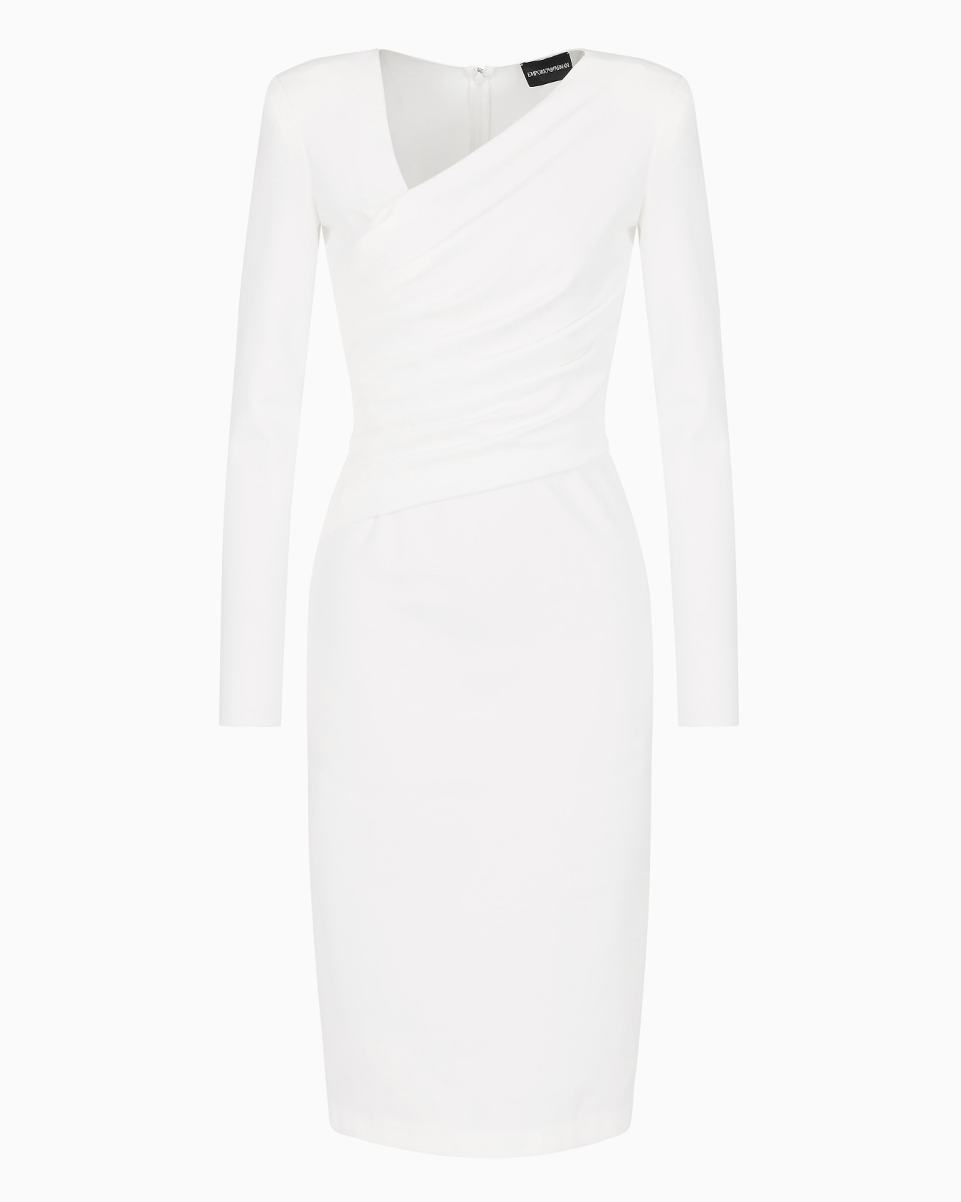 Stretch Milano stitch fabric dress with asymmetric cross-over and draping Slide 0