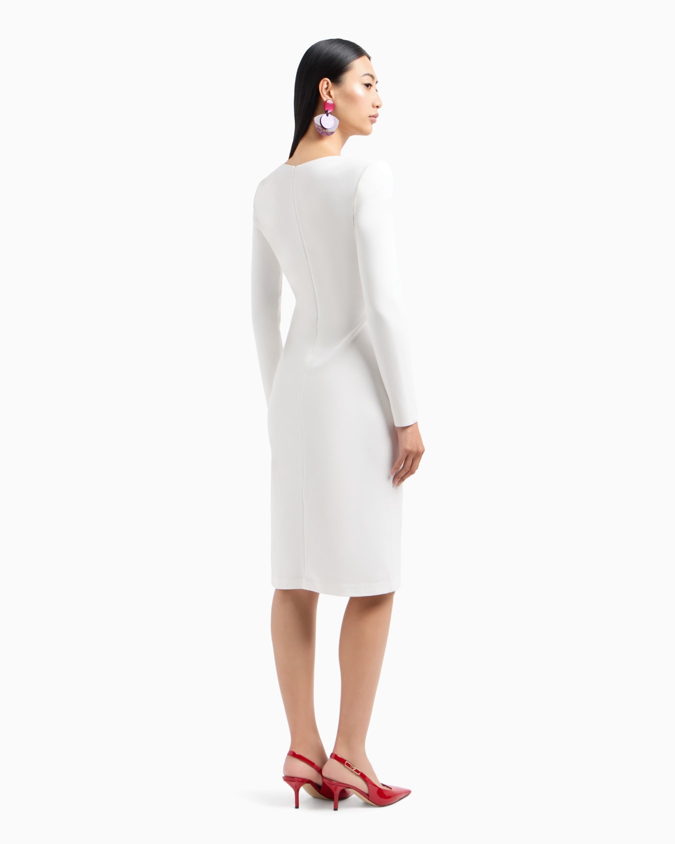 Stretch Milano stitch fabric dress with asymmetric cross-over and draping Slide 2