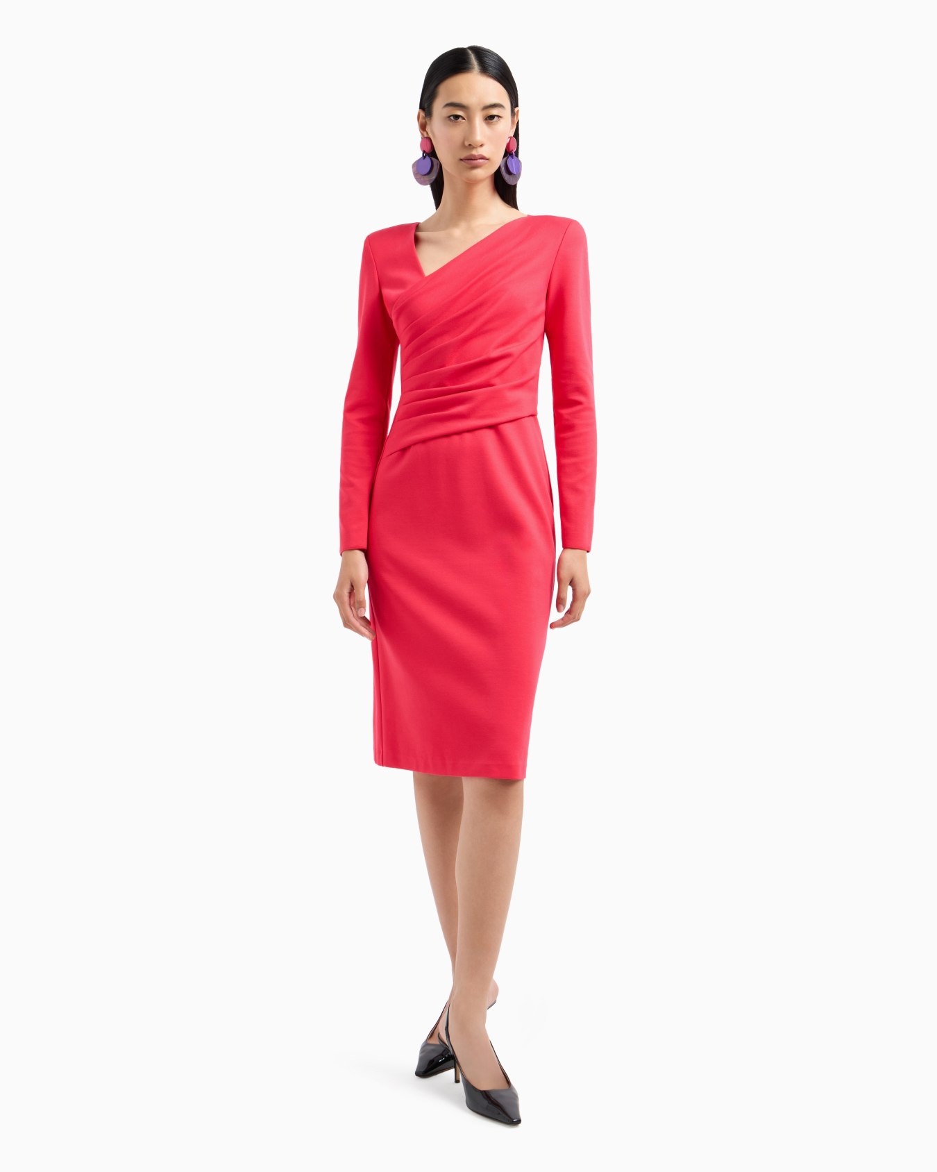 Stretch Milano stitch fabric dress with asymmetric cross-over and draping Diapositiva 1