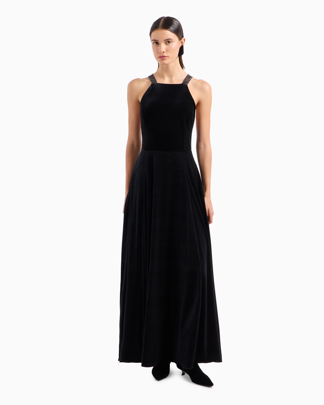 Chenille jersey long dress with rhinestone shoulder straps Slide 1
