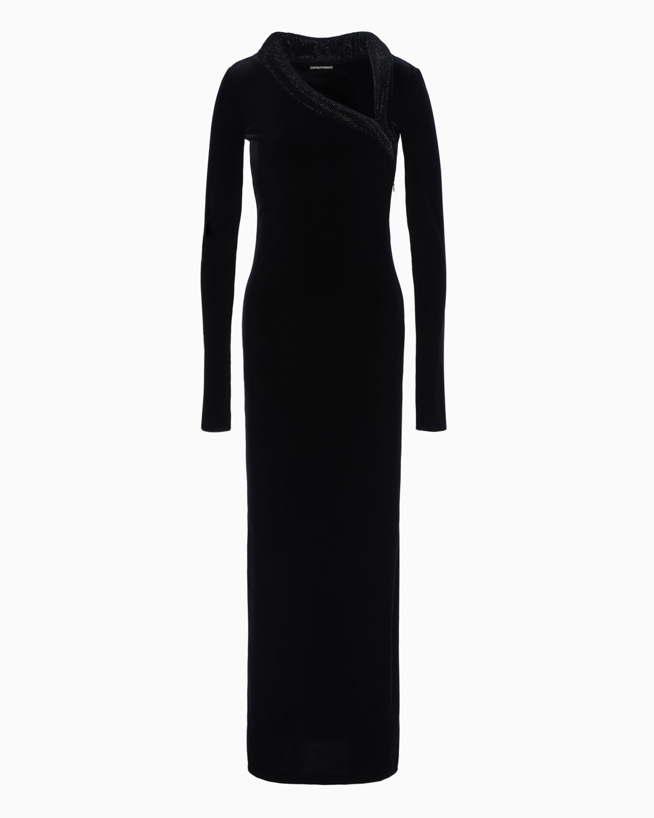 Robe longue en jersey chenille à décolleté asymétrique et strass Diapositive 0