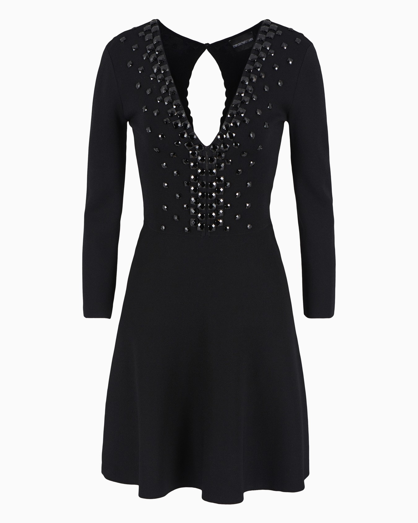 Vestido con escote de pico en punto milano con piedras cabujón Diapositiva 0
