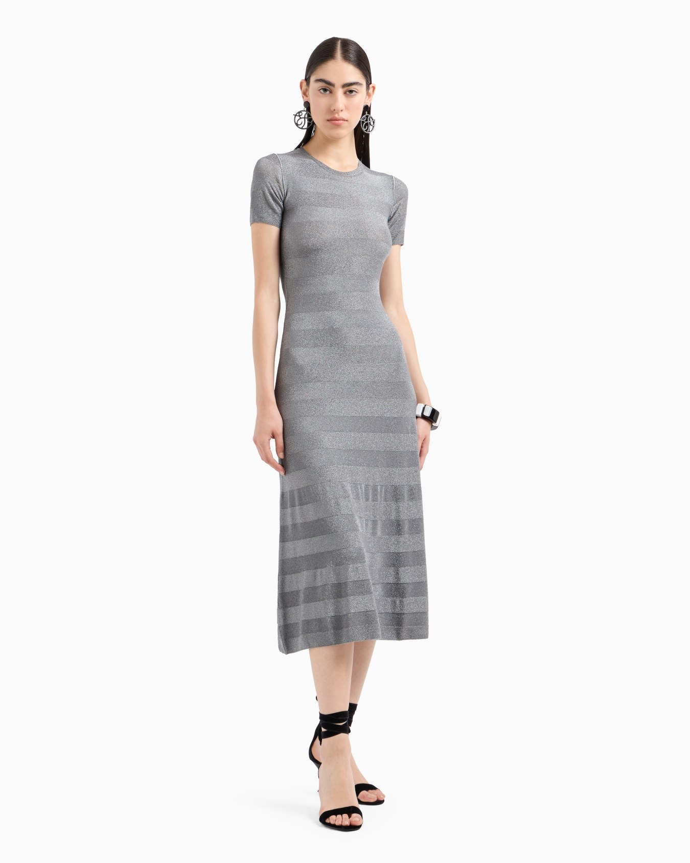 Seamless long dress in a viscose knit striped-effect knit and purl construction Slide 1