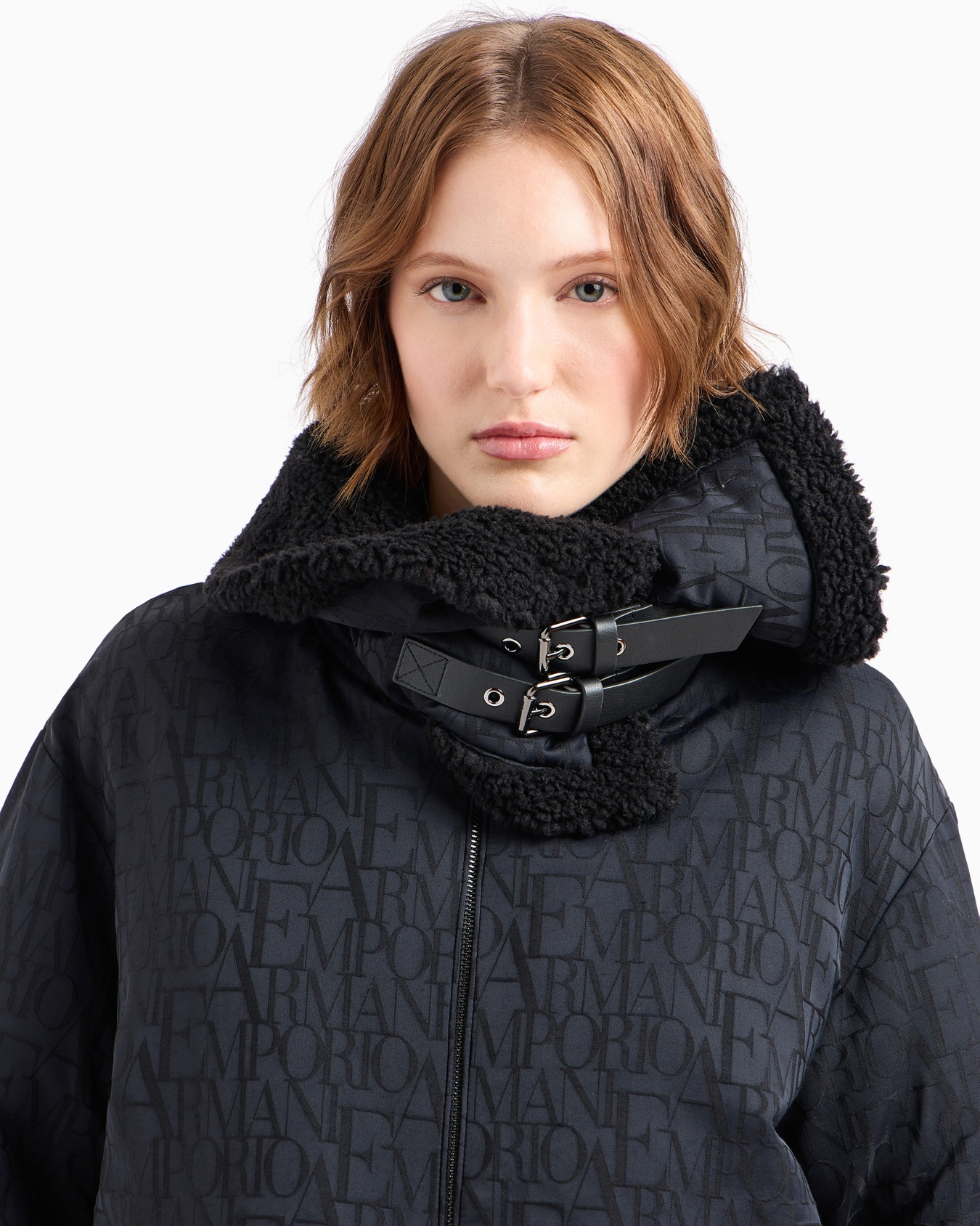 Wool-blend jacket with all-over lettering jacquard and teddy details Slide 5