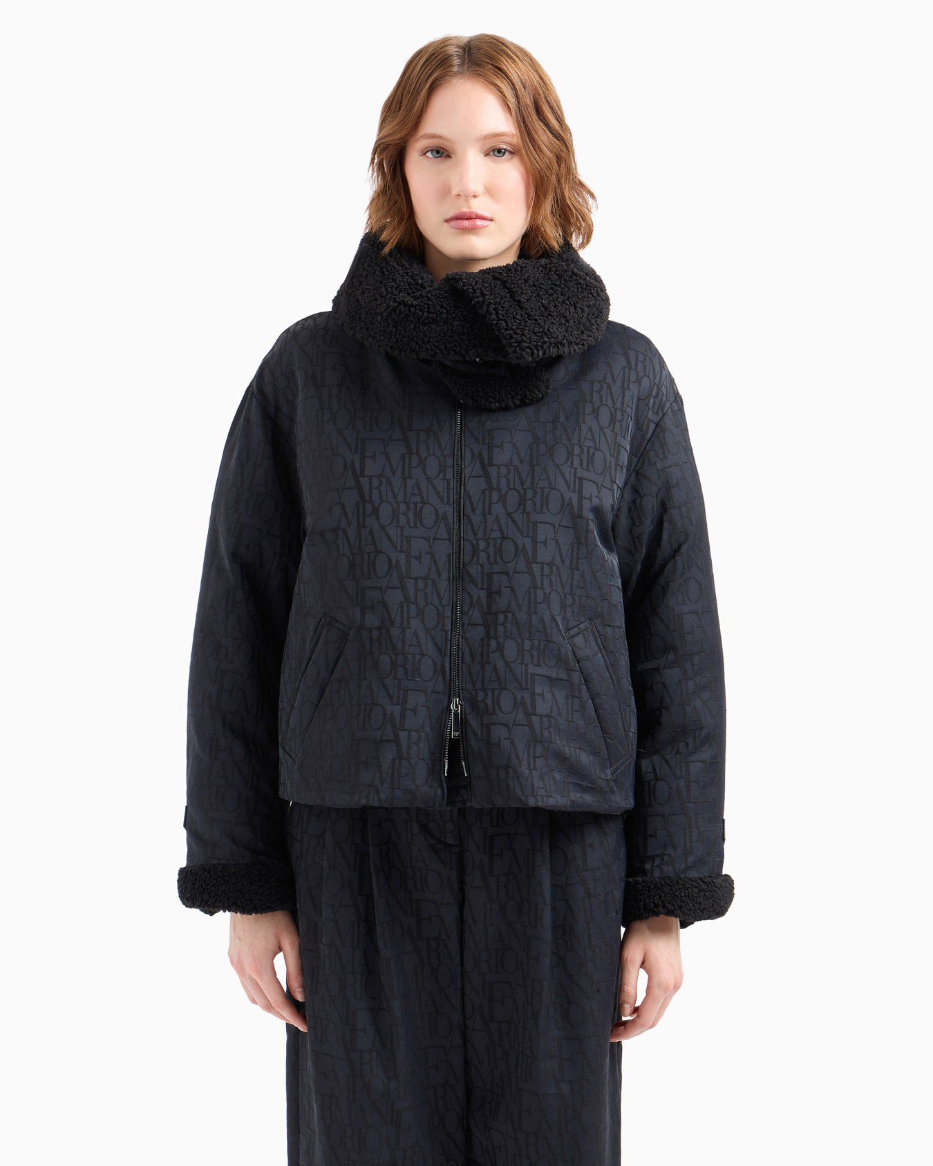 Wool-blend jacket with all-over lettering jacquard and teddy details Slide 2