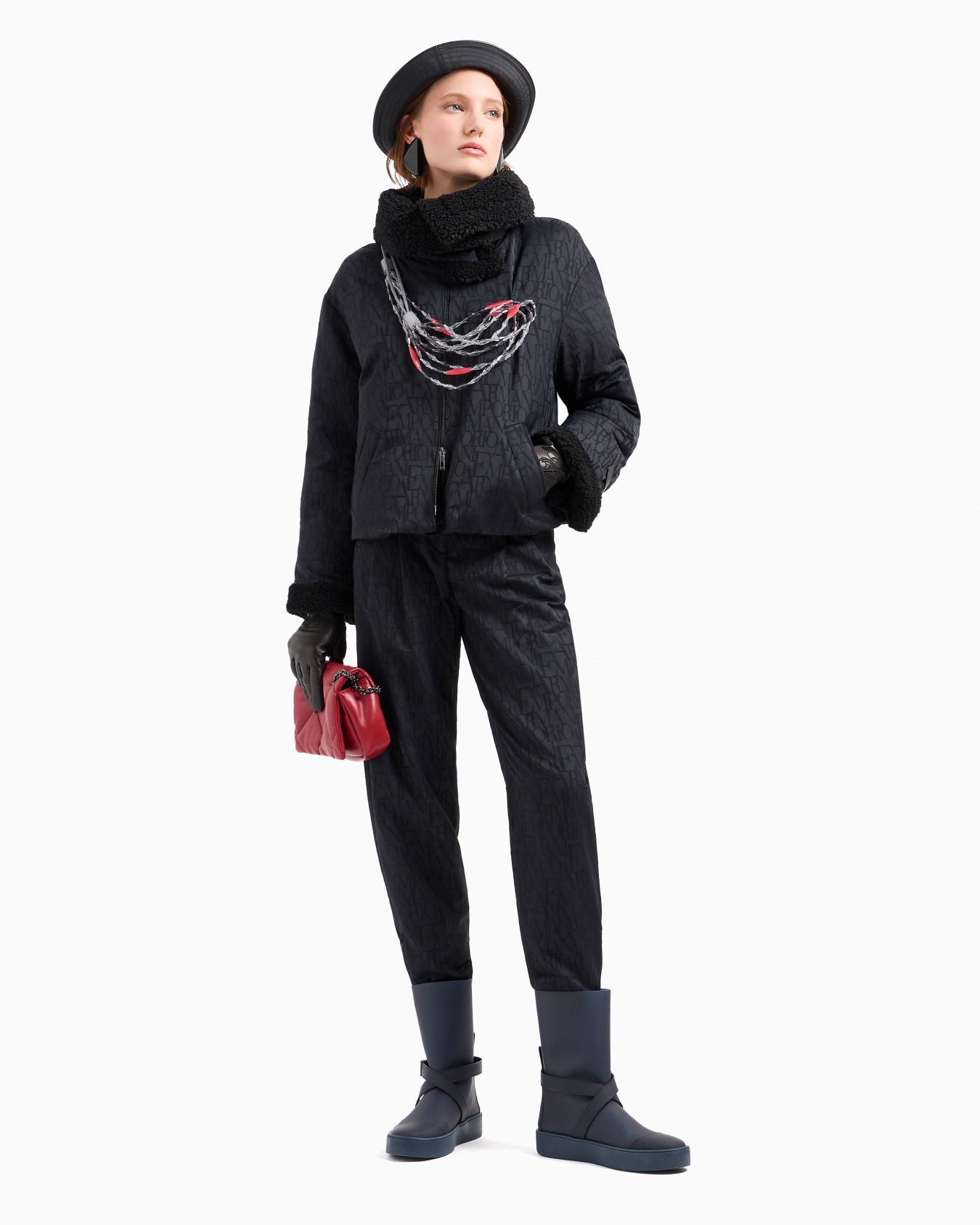 Wool-blend jacket with all-over lettering jacquard and teddy details Slide 4