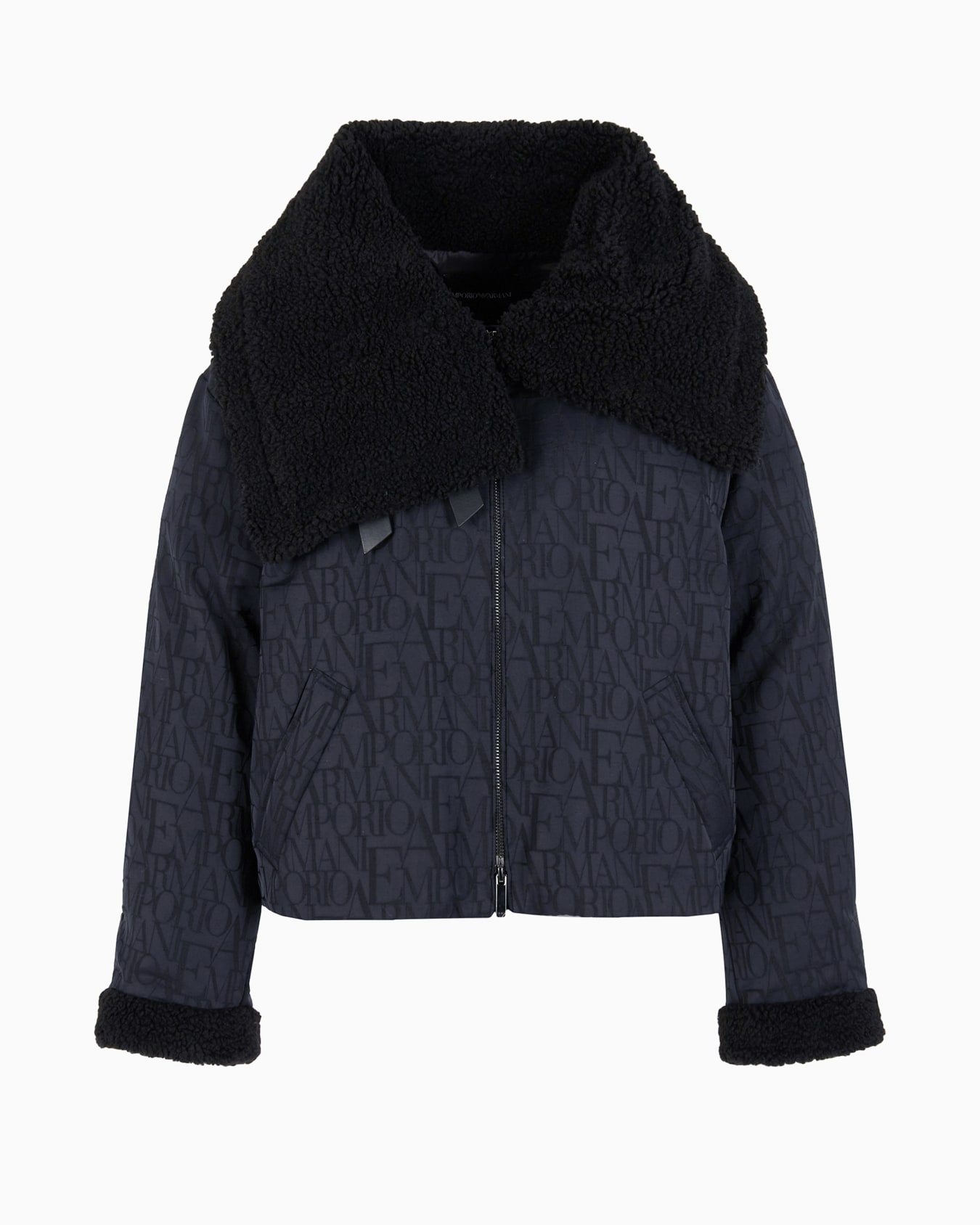 Wool-blend jacket with all-over lettering jacquard and teddy details Slide 0
