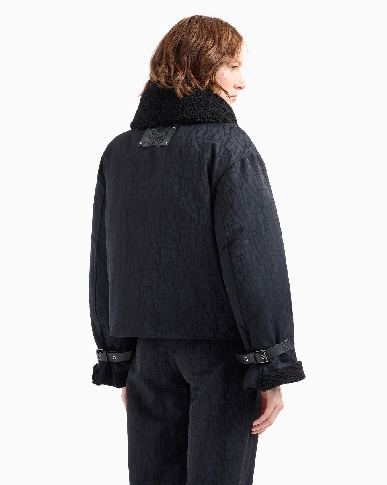 Wool-blend jacket with all-over lettering jacquard and teddy details Slide 3