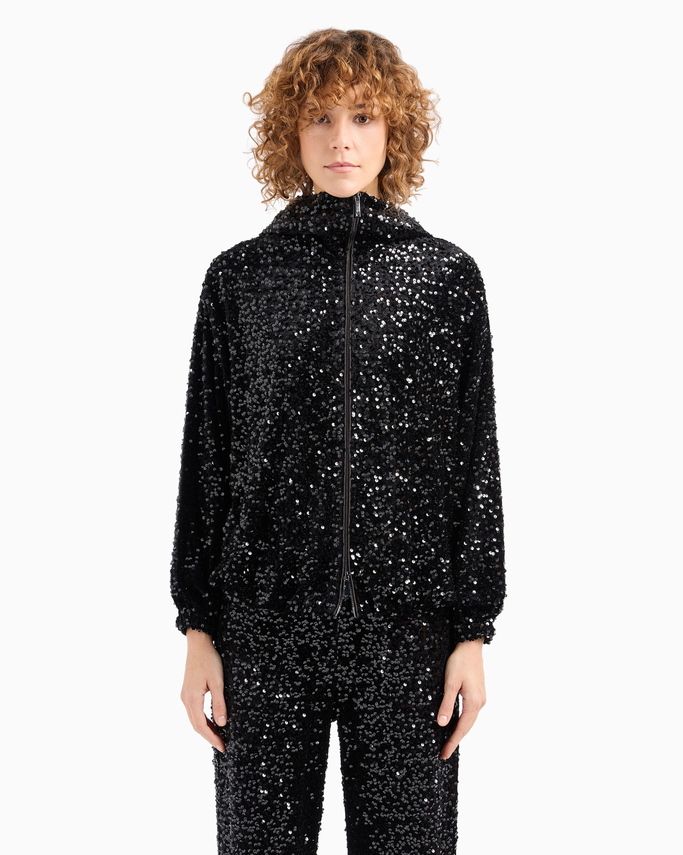 Hooded chenille blouson with all-over sequins Slide 2