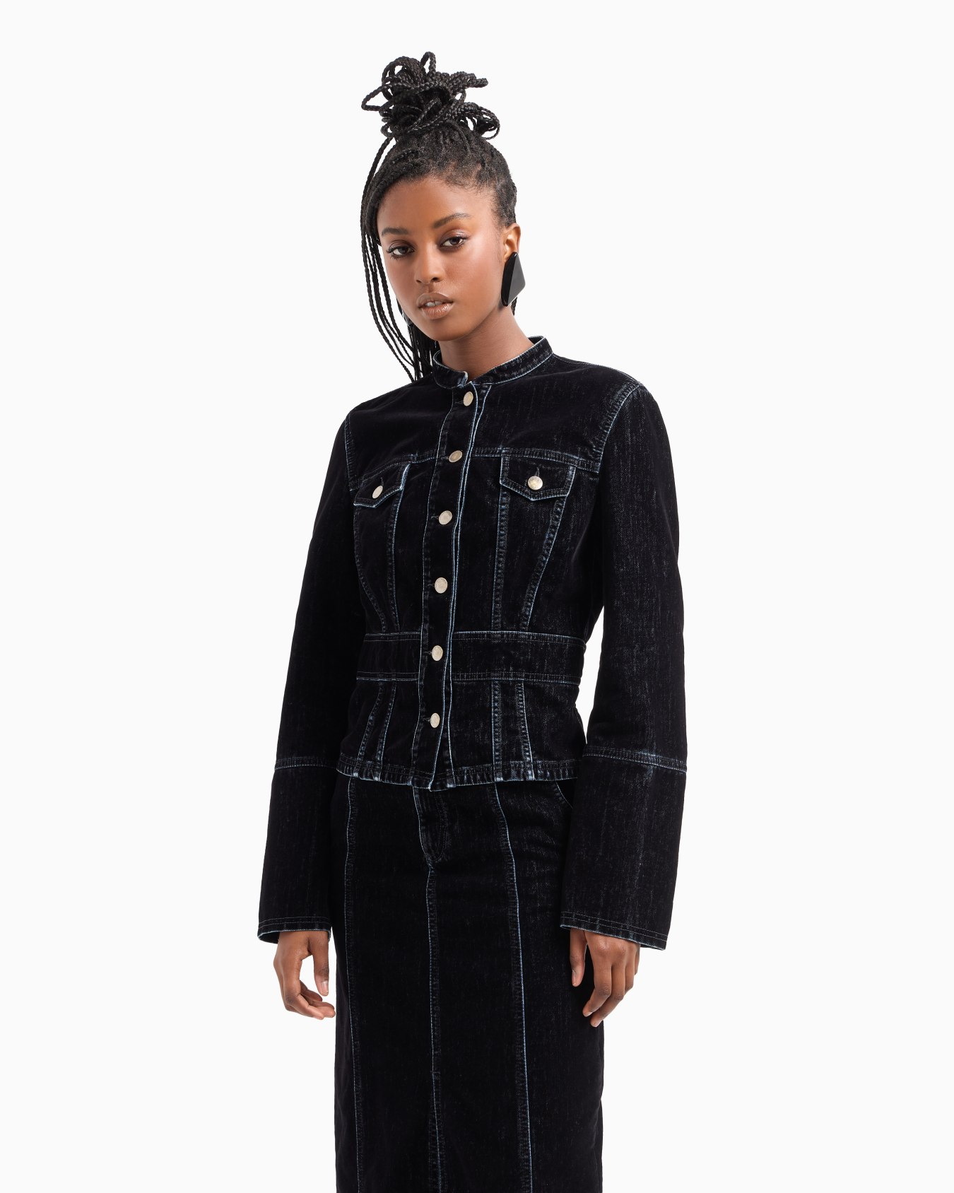 Veste à col officier en denim floqué effet velours Diapositive 1