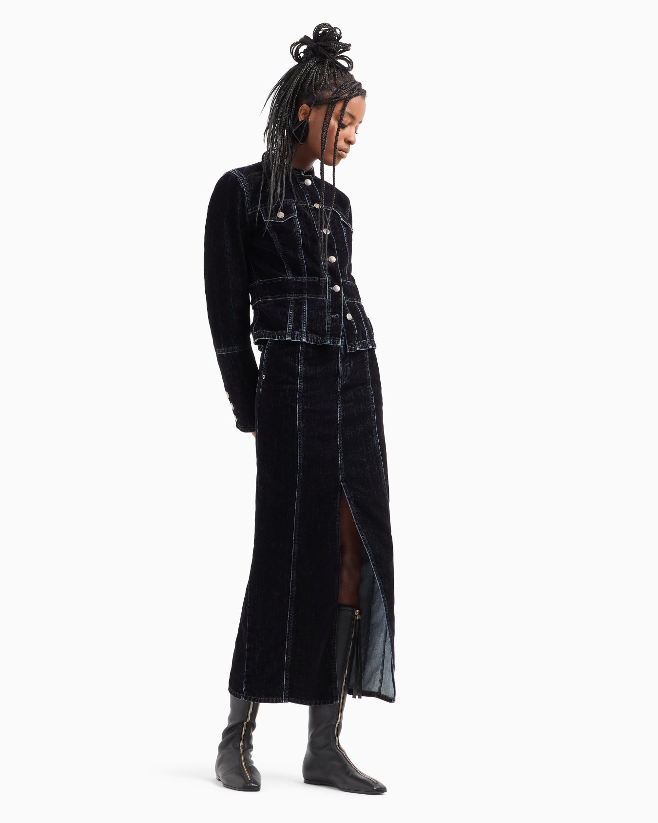 Veste à col officier en denim floqué effet velours Diapositive 3