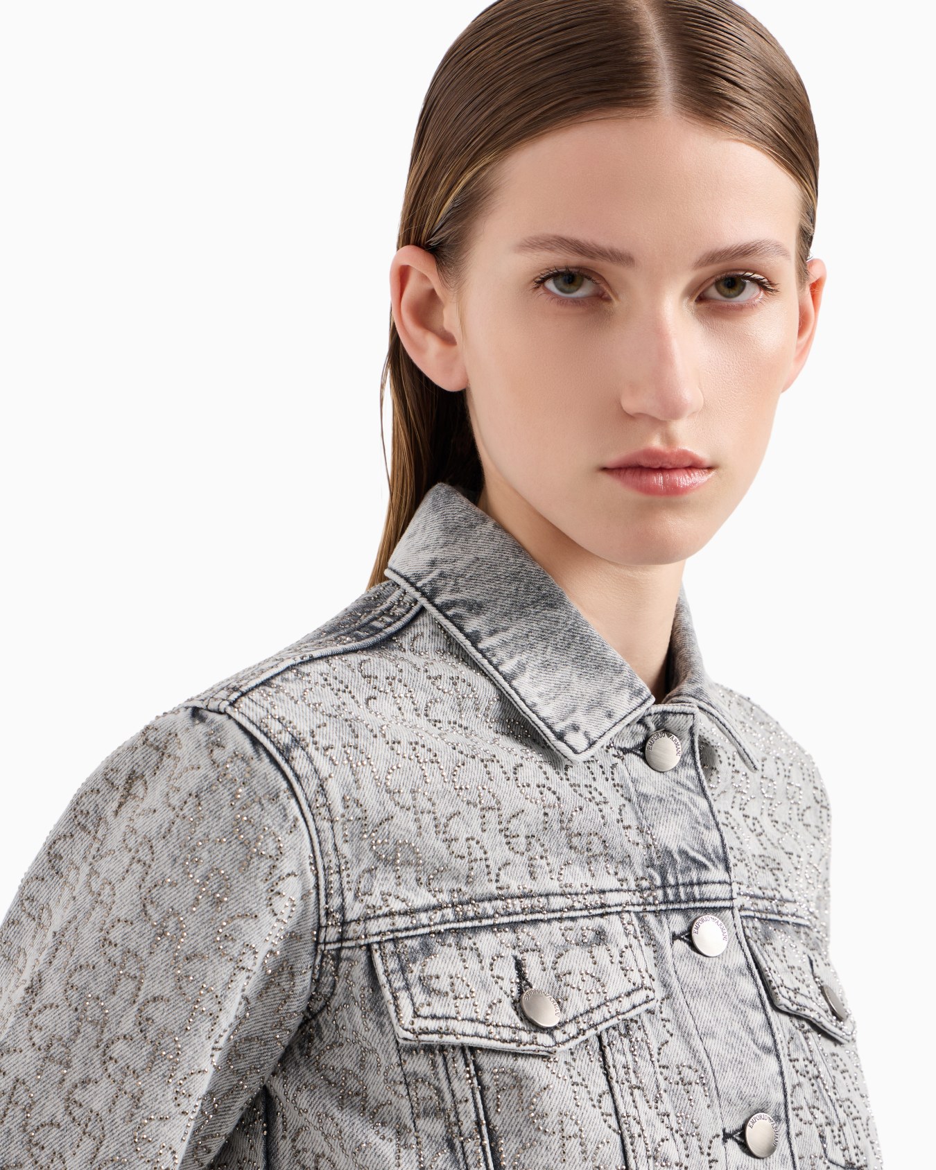 Cropped-Jacke aus Denim 12,5 oz mit Allover-Strass-Logo Folie 4