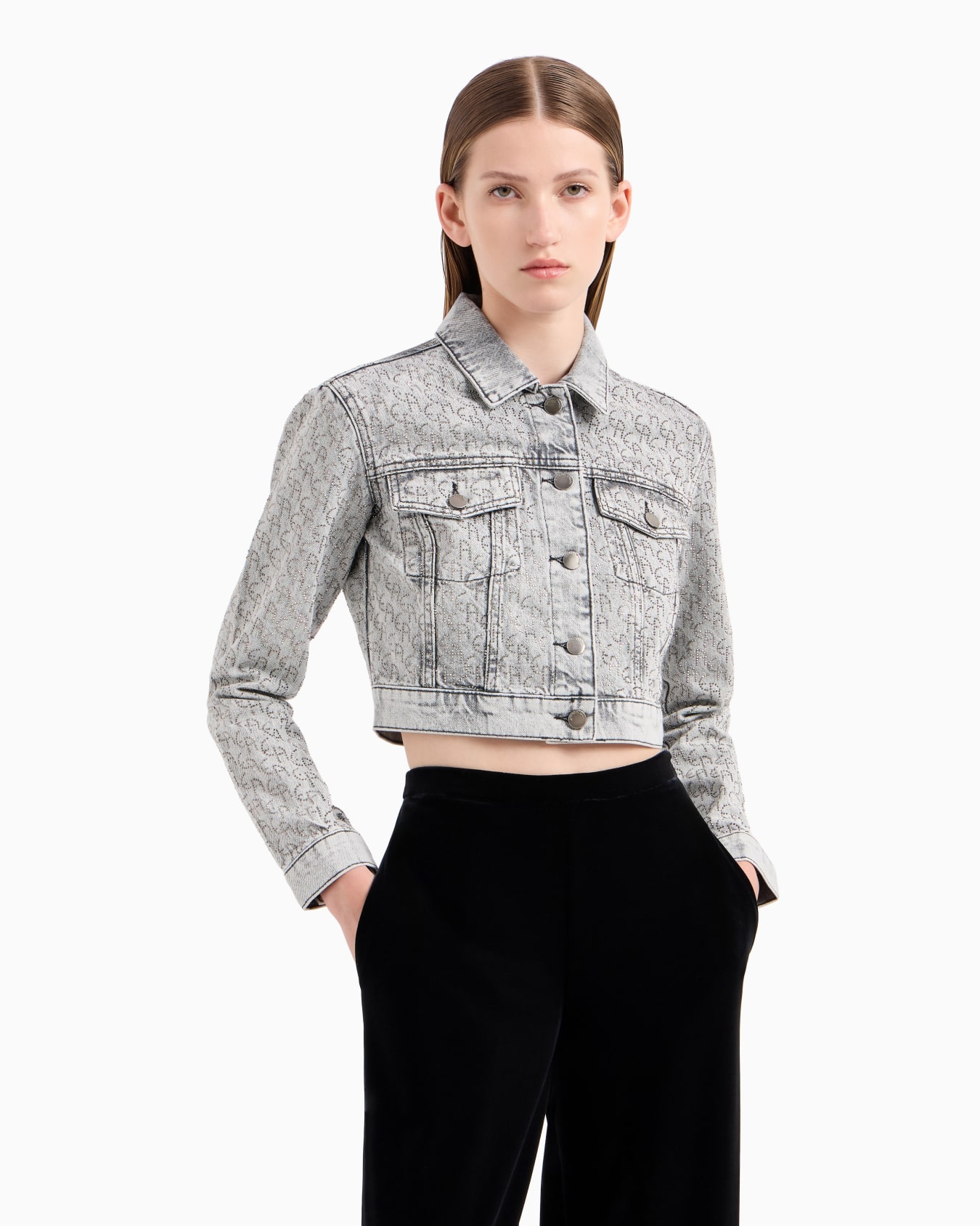 Cropped-Jacke aus Denim 12,5 oz mit Allover-Strass-Logo Folie 1