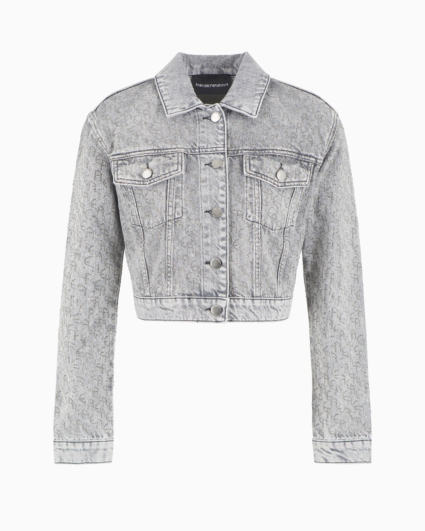 Cropped-Jacke aus Denim 12,5 oz mit Allover-Strass-Logo Folie 0
