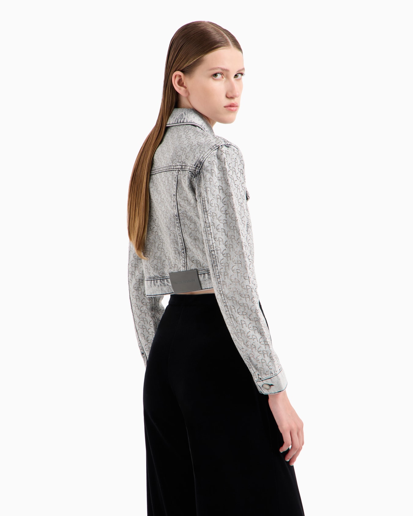 Cropped-Jacke aus Denim 12,5 oz mit Allover-Strass-Logo Folie 2
