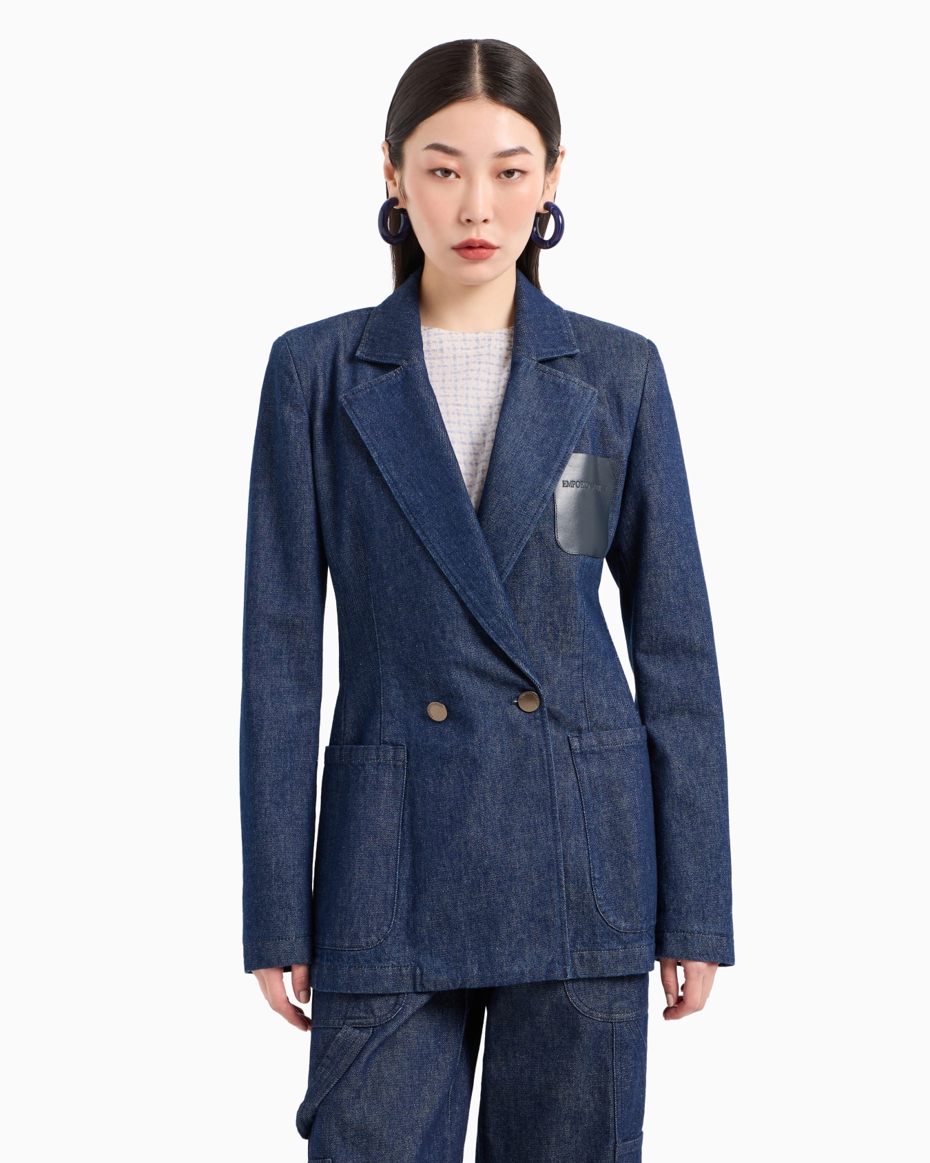 Blazer à double boutonnage en denim 310 g/m2 avec poche en cuir logotypée Diapositive 1