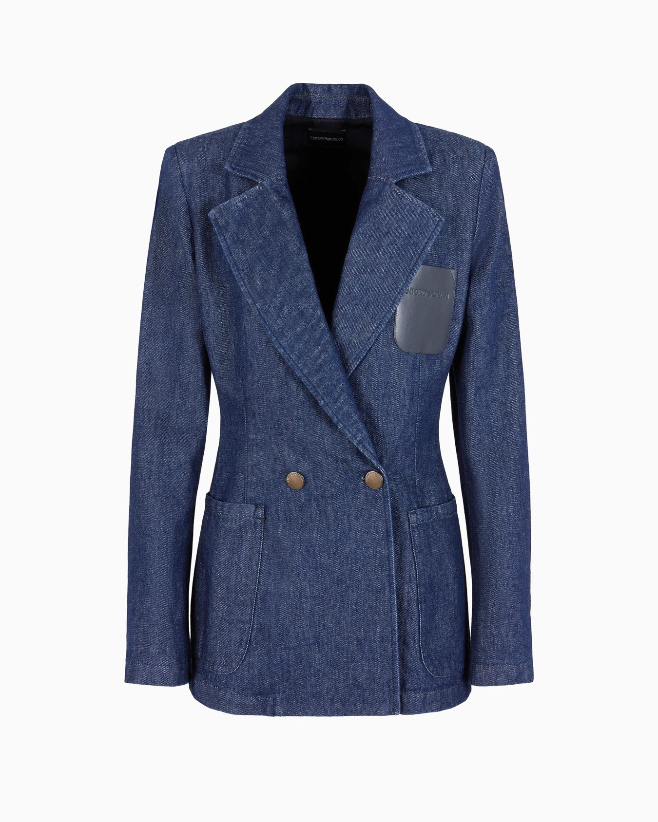 Blazer à double boutonnage en denim 310 g/m2 avec poche en cuir logotypée Diapositive 0