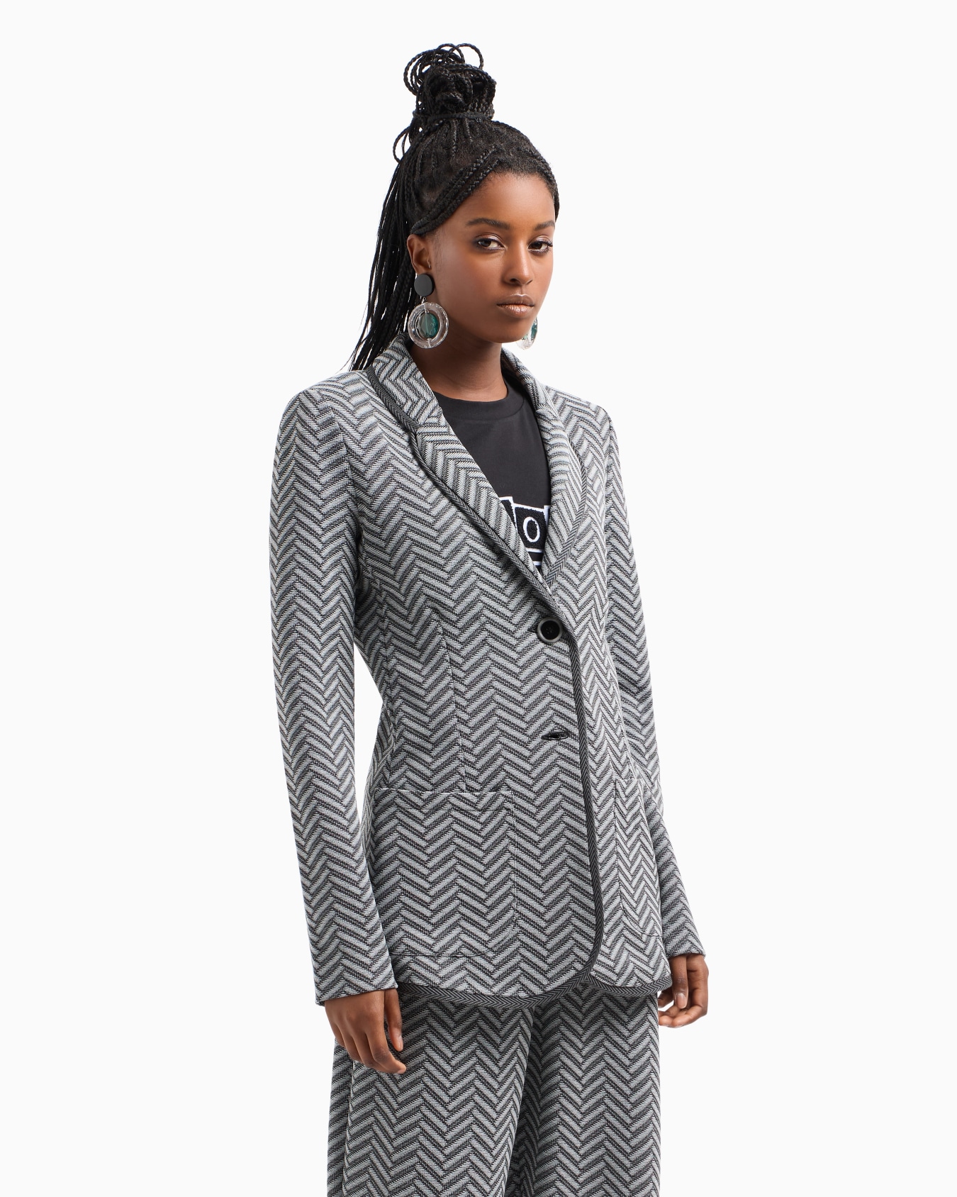 Single-breasted blazer in jacquard jersey with a chevron motif Slide 1