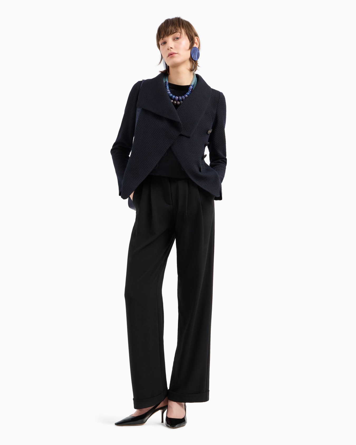 Wool-blend jacquard jersey jacket with embossed pattern Slide 3