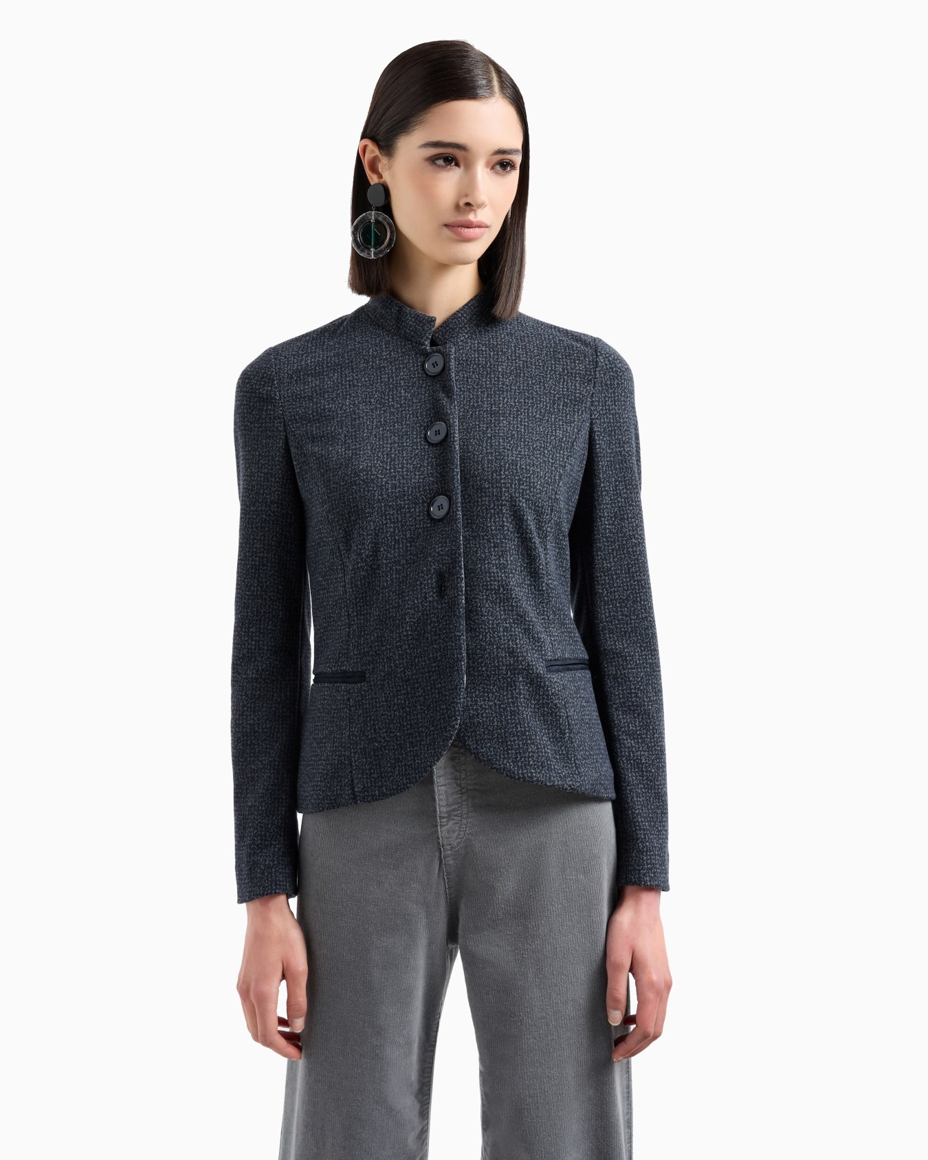 Mélange flannel effect jacquard jersey jacket with guru collar Slide 1