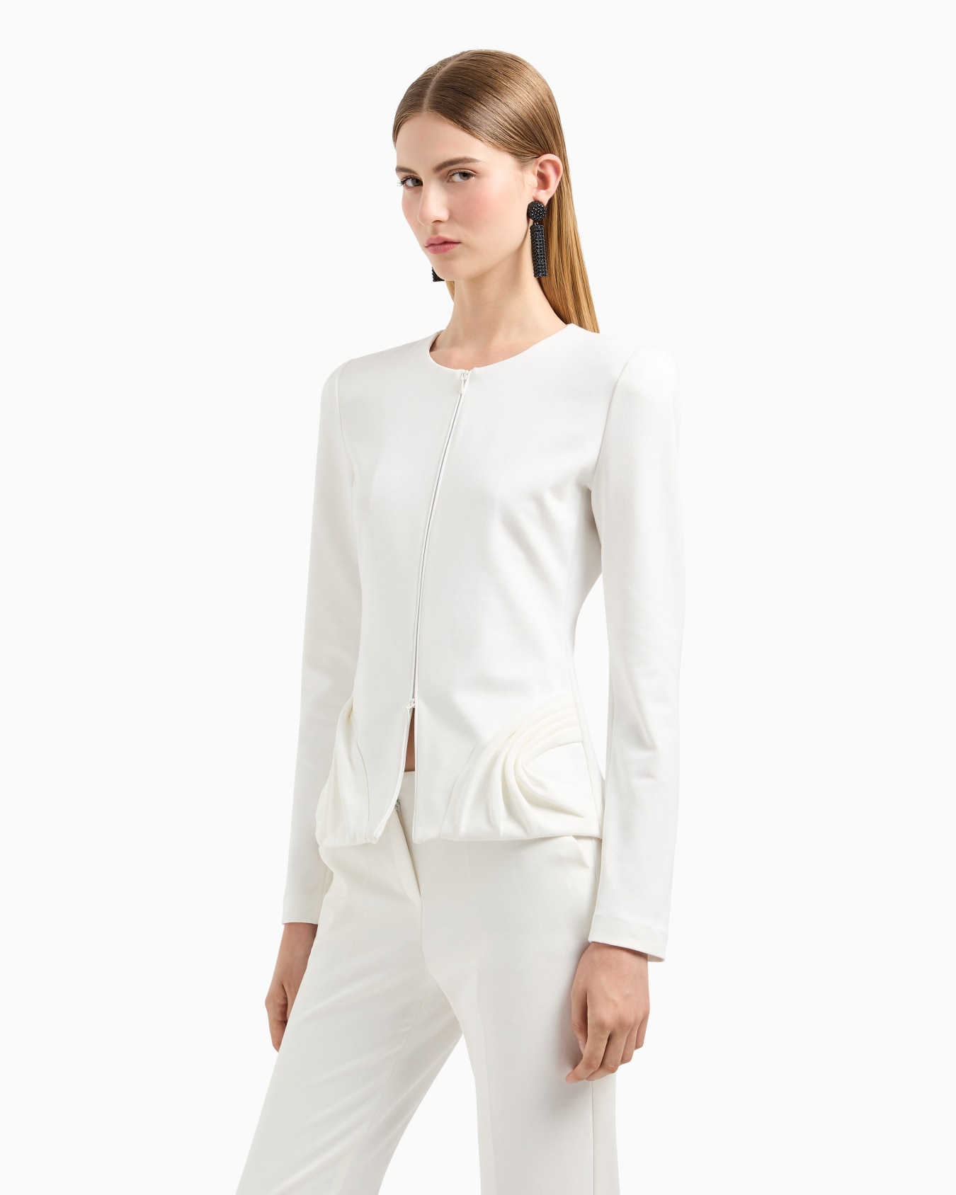Stretch Milano stitch fabric zip-up jacket with side draping Slide 1